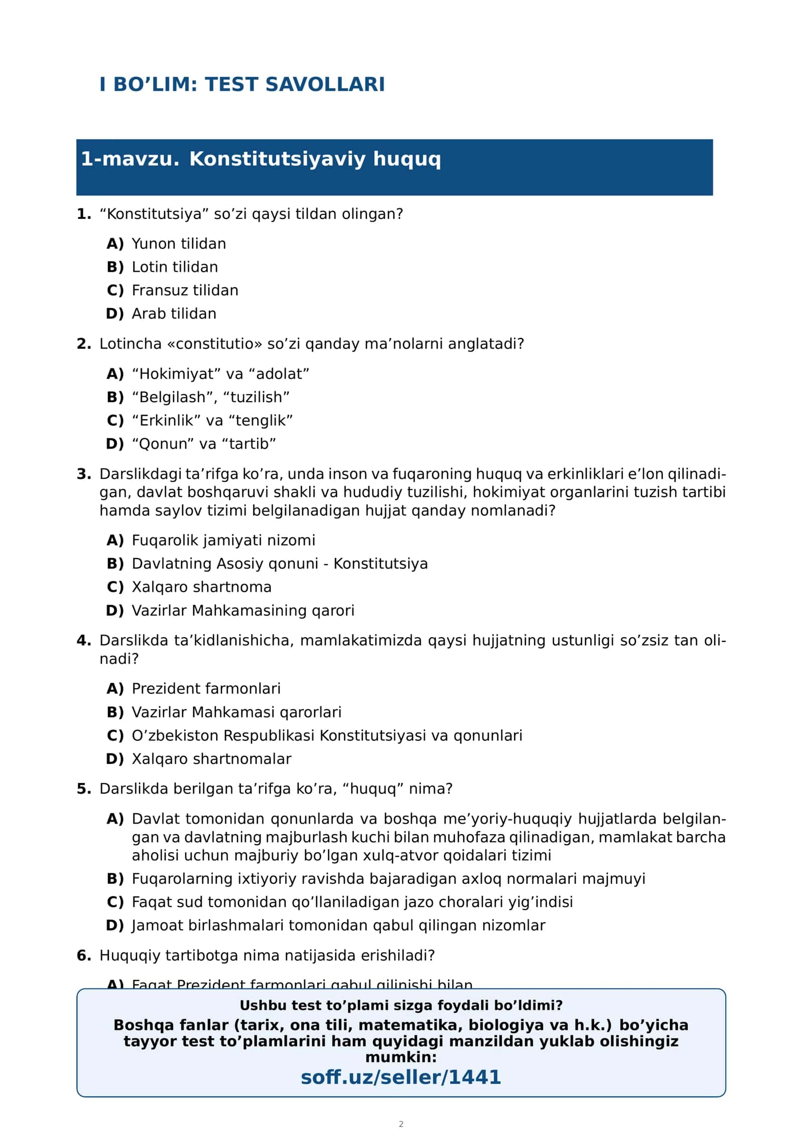 9-sinf HUQUQ MAVZULASHTIRILGAN TESTLAR 3