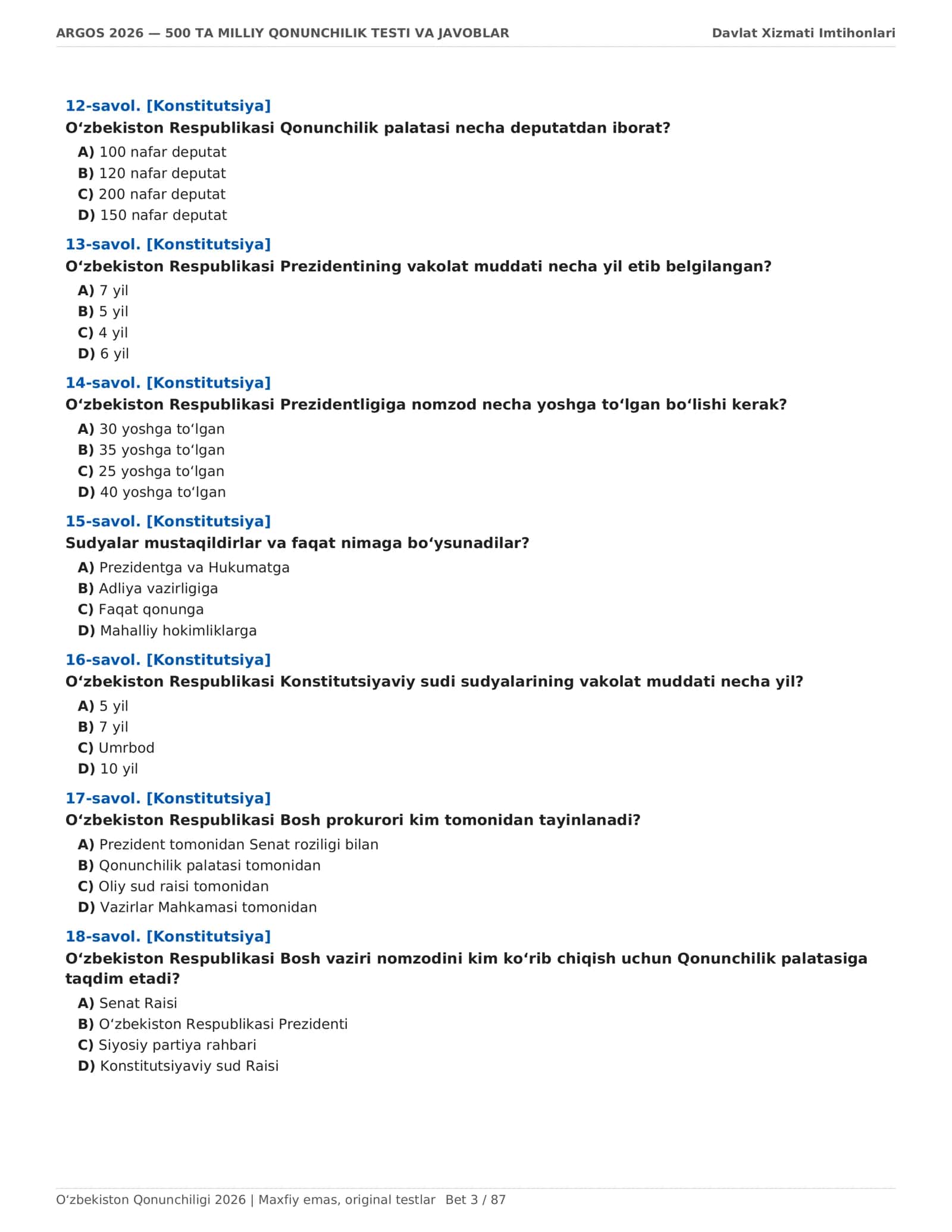 ARGOS 2026 — 500 TA MILLIY QONUNCHILIK TESTI | Javoblar bilan 3
