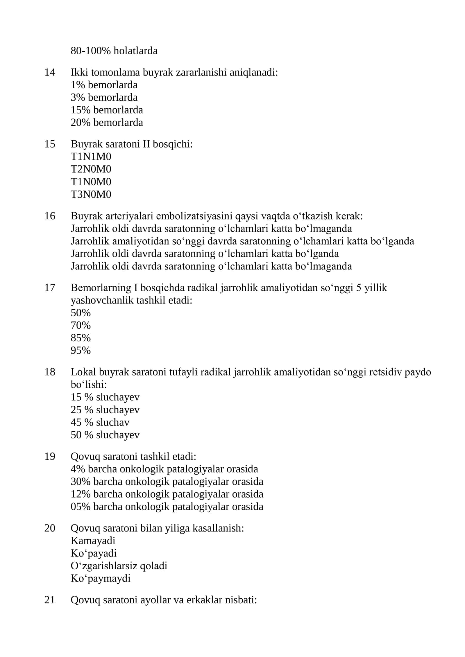 Onkourologiya mutaxassisligi boʻyicha shakllantirilgan test savollari roʻyxati 2026 3