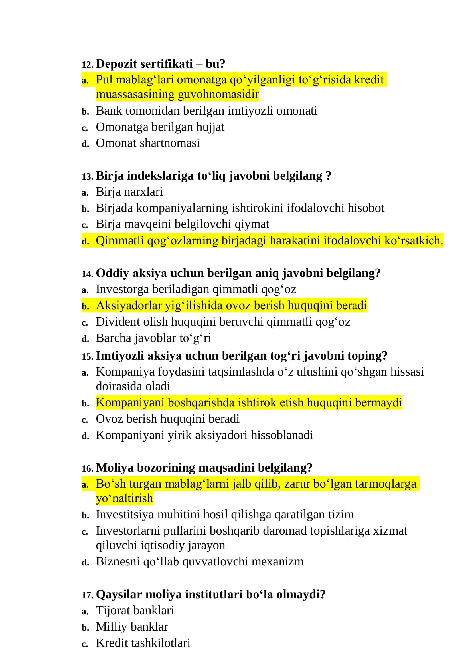 MOLIYA BOZORLARI VA INSTITUTLARI FANIDAN TEST SAVOLLARI 3