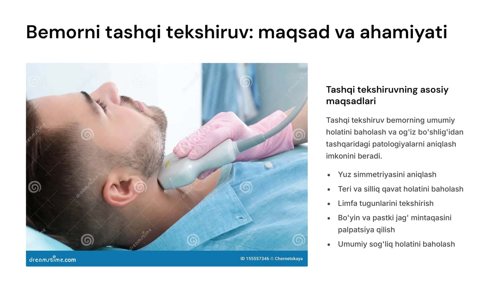 Tekshirishning asosiy va qo‘shimcha usullari. Bemorni tashqi tekshiruvi. Og‘iz bo‘shlig‘ini tekshirish. Apparatura tekshirish usullari (termometriya, densitometriya, elektrometriya, galvanometriya, LDF, reografiya, fotopletismografiya, polyarografiya, exoosteometriya, pH-o‘lchash, rentgenografiya va boshqalar). CHaynash bosimi va chaynash samaradorligini aniqlash usullari. CHPJB diagnostikasi usullari. 3
