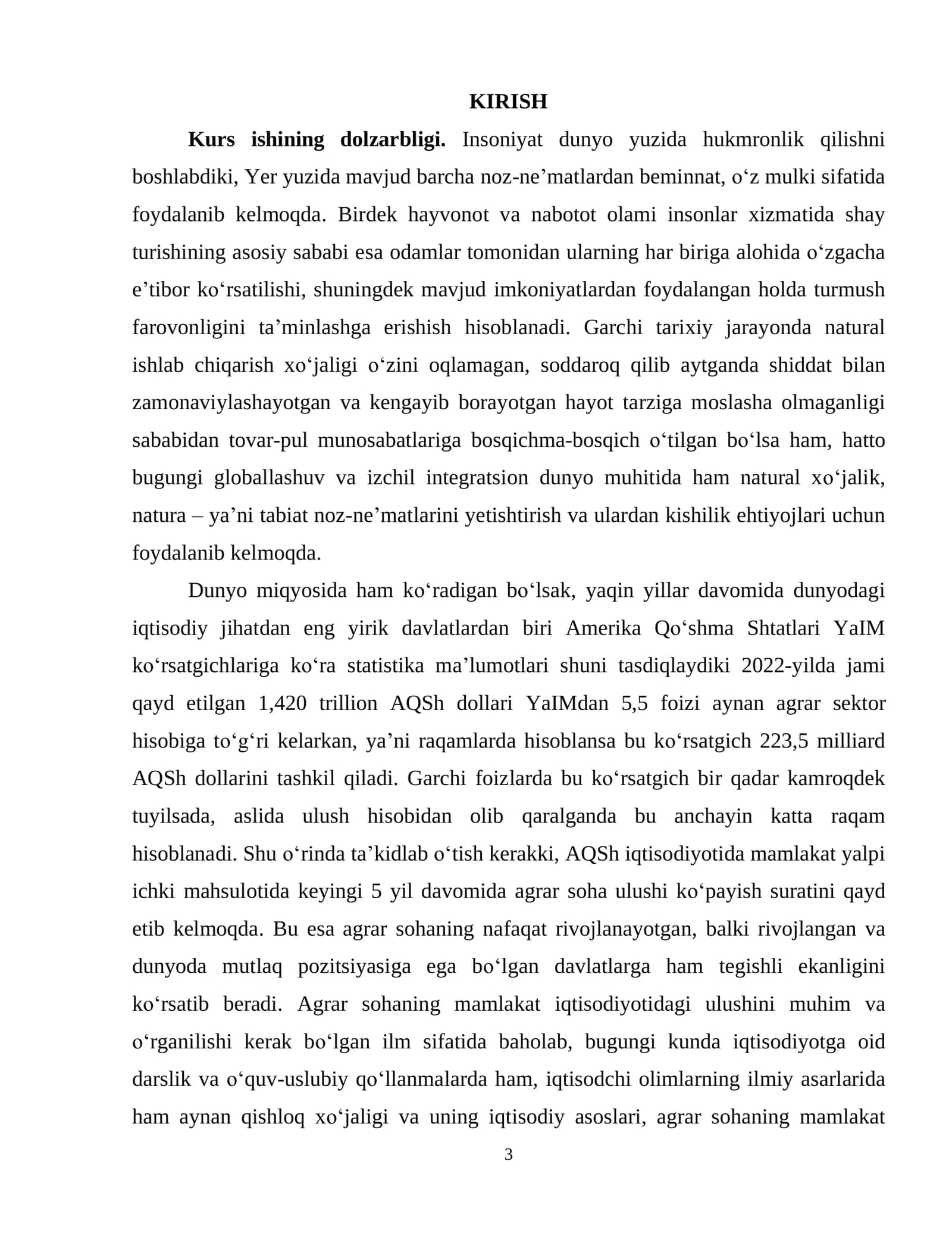 Milliy iqtisodiyotda agrar sohaning o'rni va ahamiyati (Kurs ishi / Tayyor ilmiy ish) 3