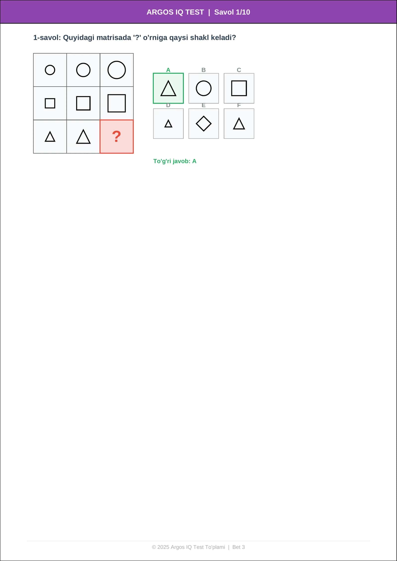 Argos IQ Test | 10 ta Figurali Matritsa | Rasmli | Davlat Xizmatchisi 3
