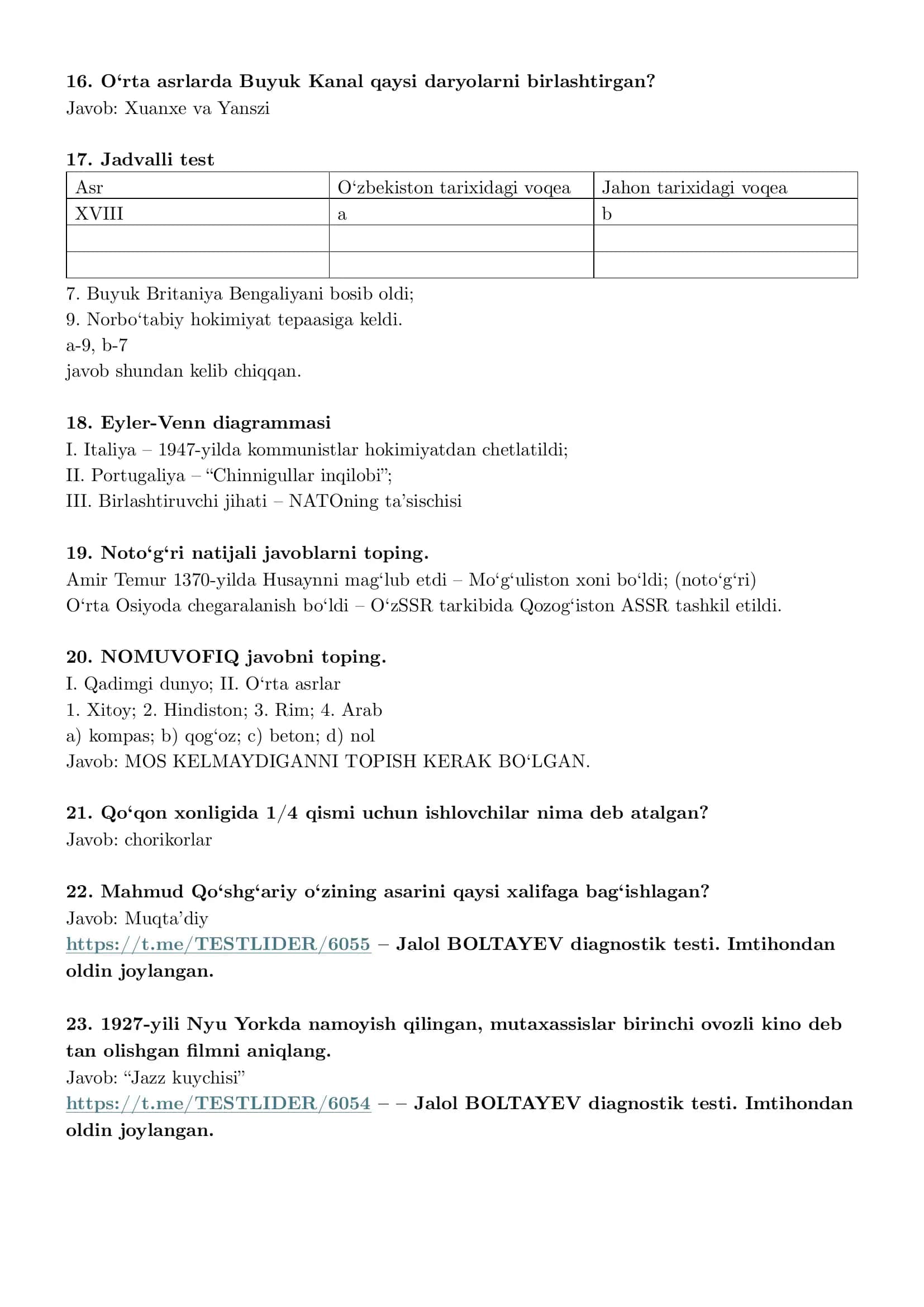 Tarix Test topshiriqlari 3