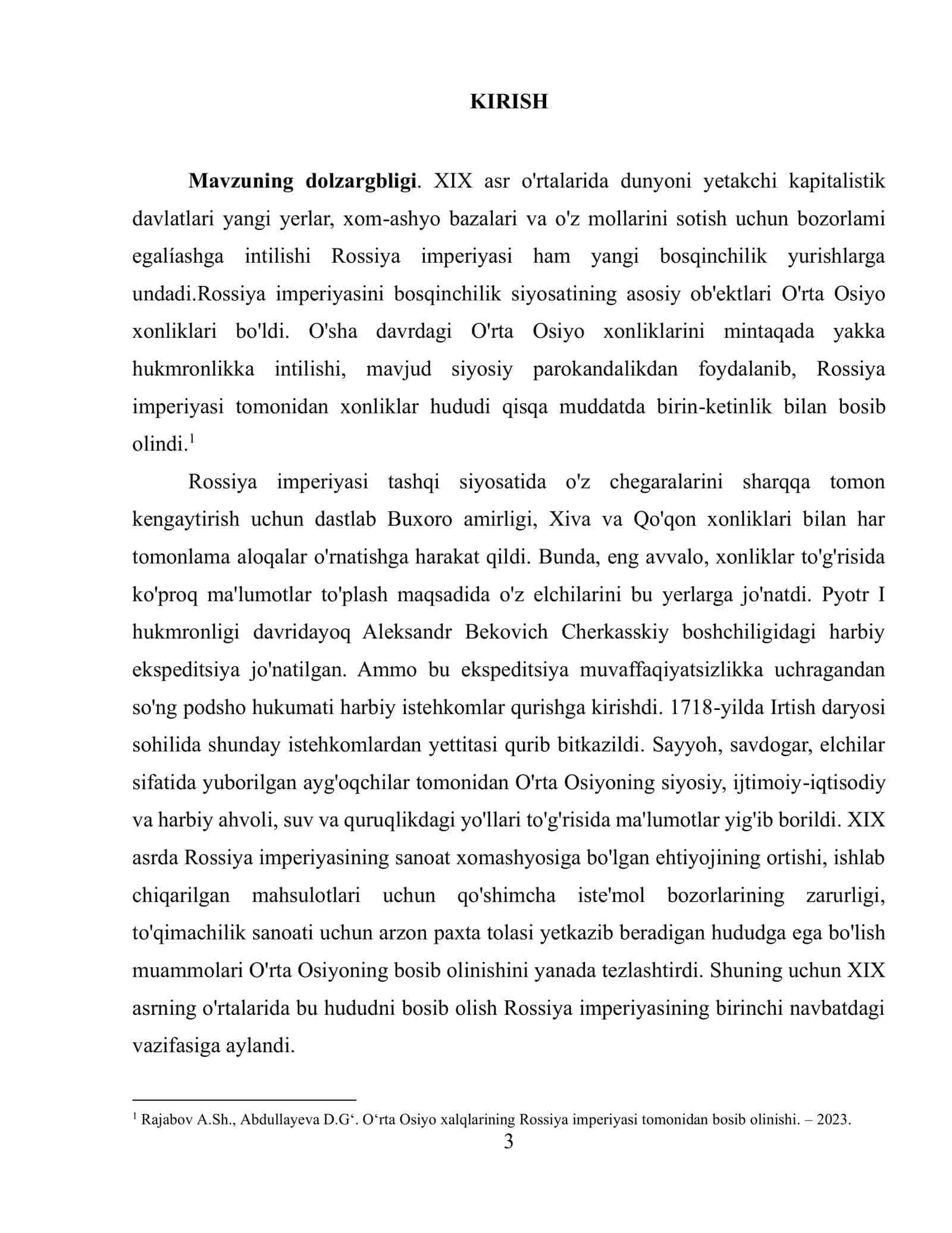 Rossiya imperiyasining O'rta Osiyo xonliklariga tajovuzi va uning tarixshunoslikda yoritilishi 3