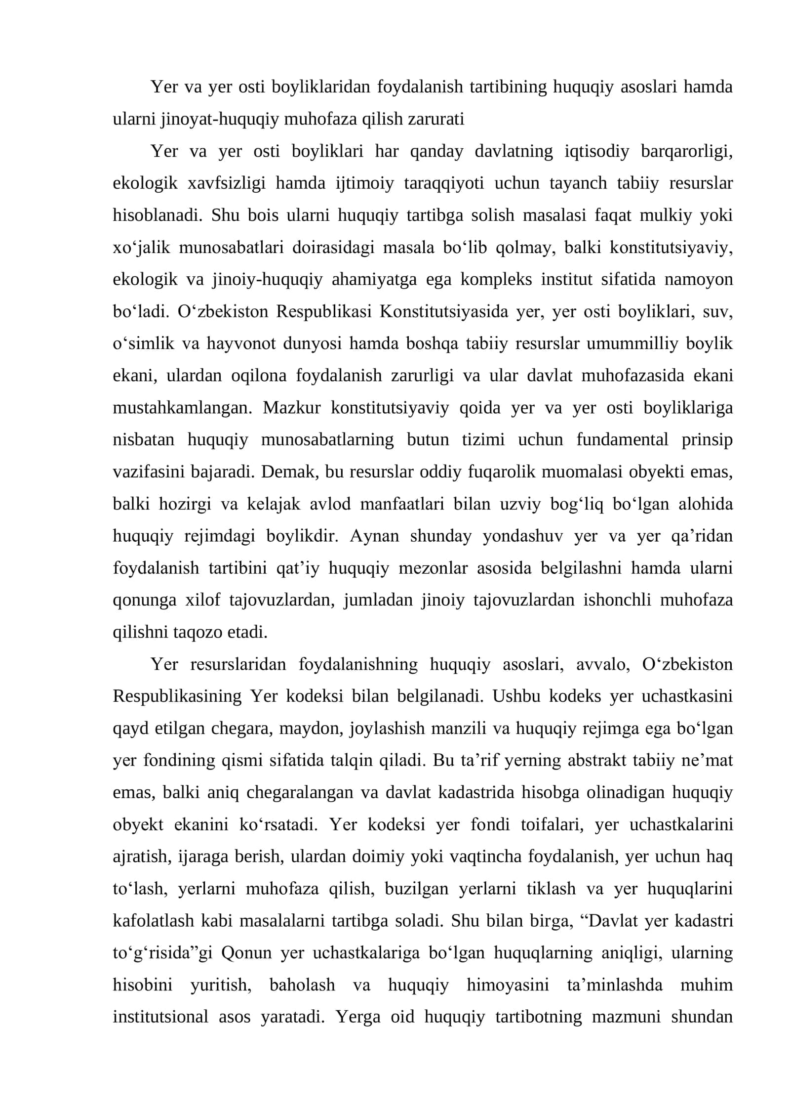 JINOYAT KODEKSINING 197-MODDASI. YER, YER OSTI BOYLIKLARIDAN FOYDALANISH TARTIBINI BUZISH BILAN BOG'LIQ JINOYATLAR 3