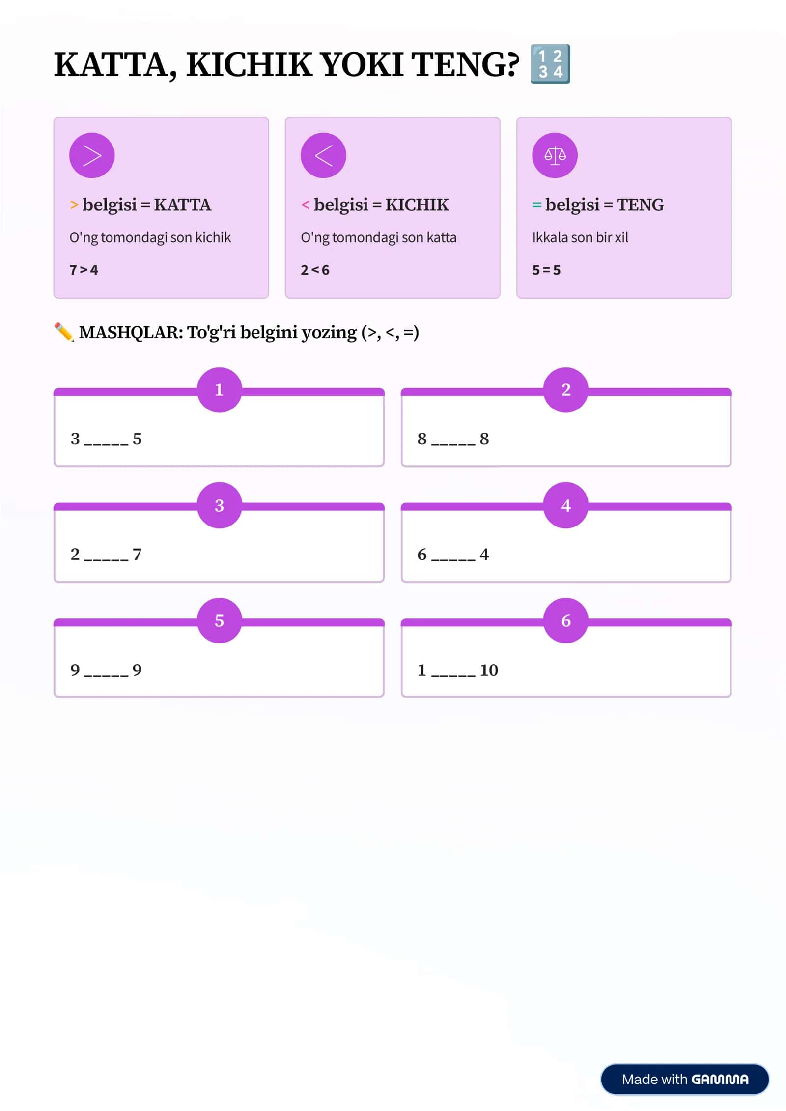 1-sinf matematika “TAQQOSLASH: KATTA, KICHIK, TENG” 3