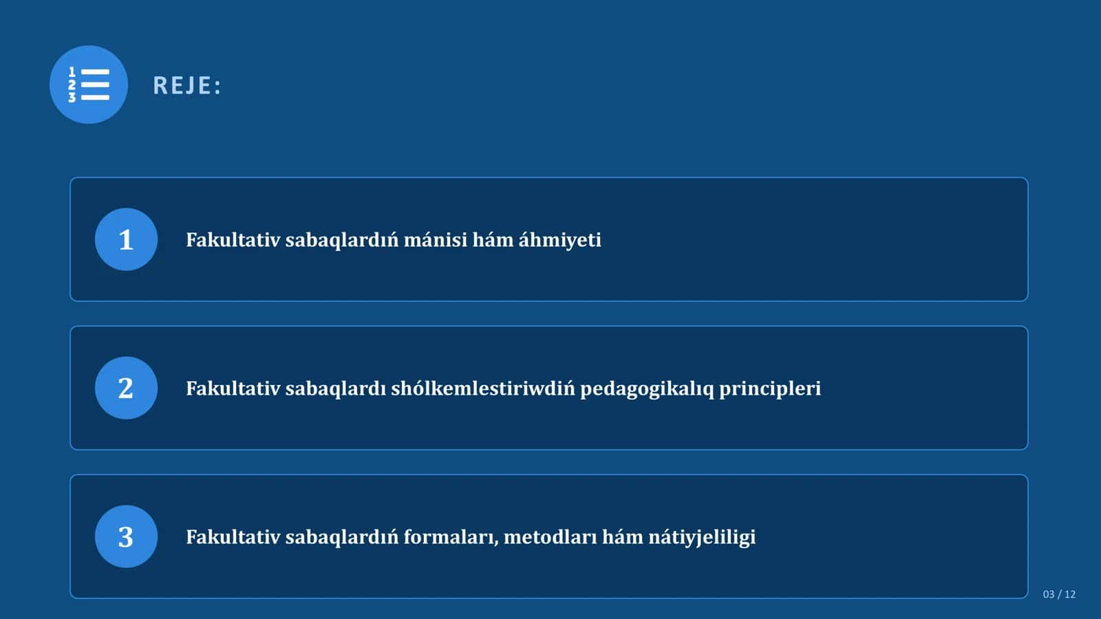Fakultativ sabaqlardı shólkemlestiriw 3