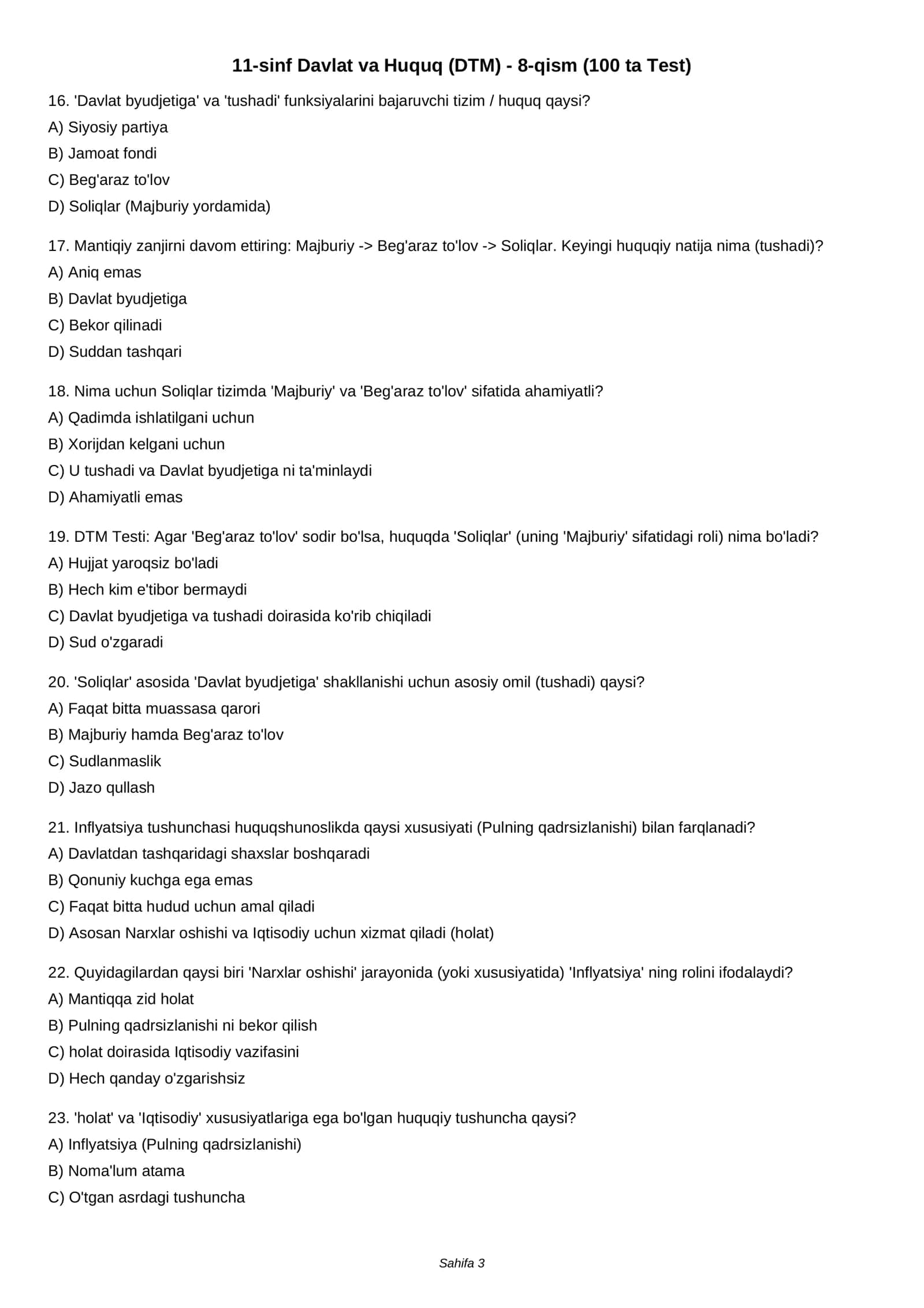 11-sinf Davlat va Huquq (DTM) - 8-qism (100 ta Test) 3