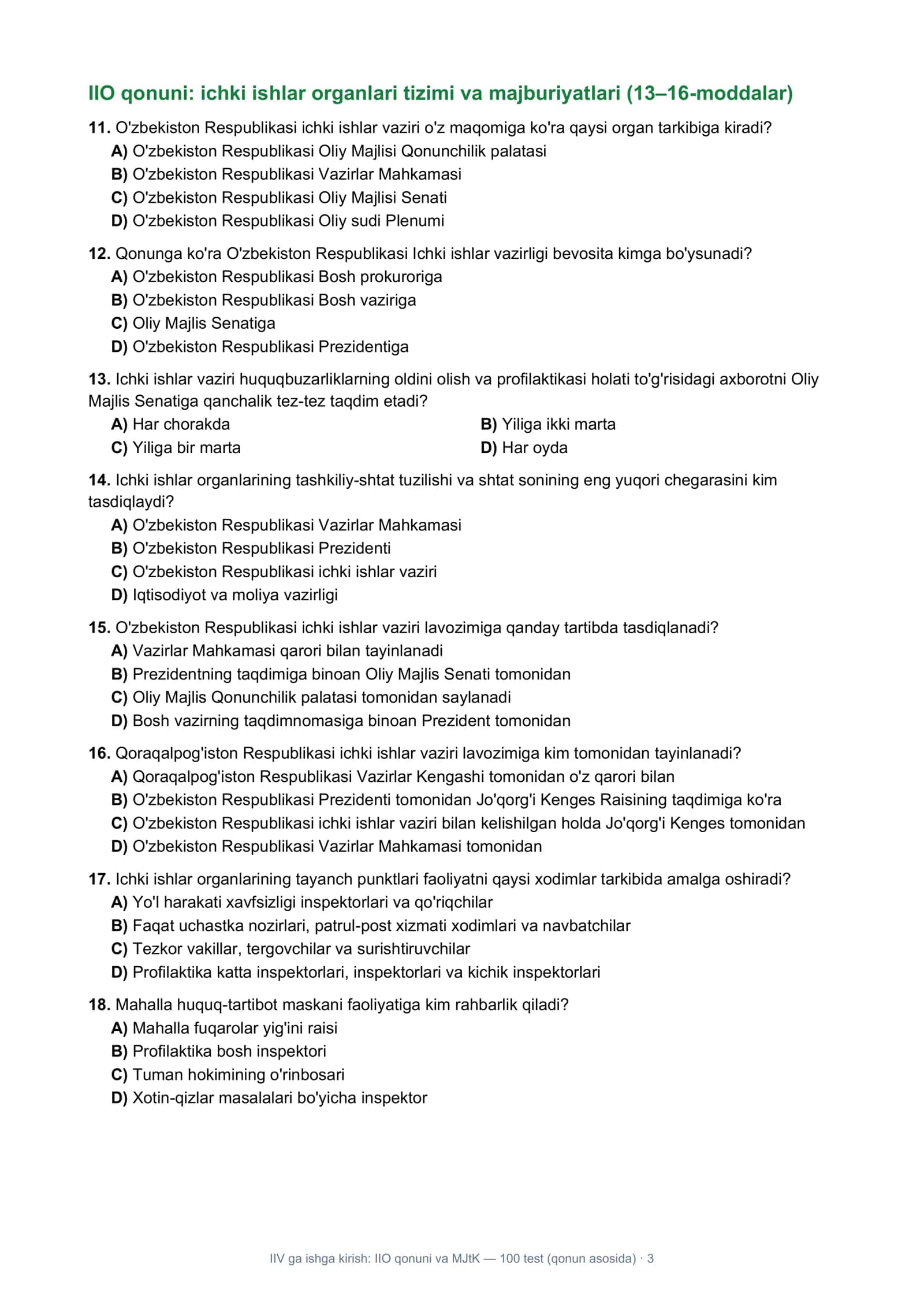 IIV ga ishga kirish: “Ichki ishlar organlari to'g'risida”gi qonun va MJtK asoslari — 100 ta test (qonun asosida) 3