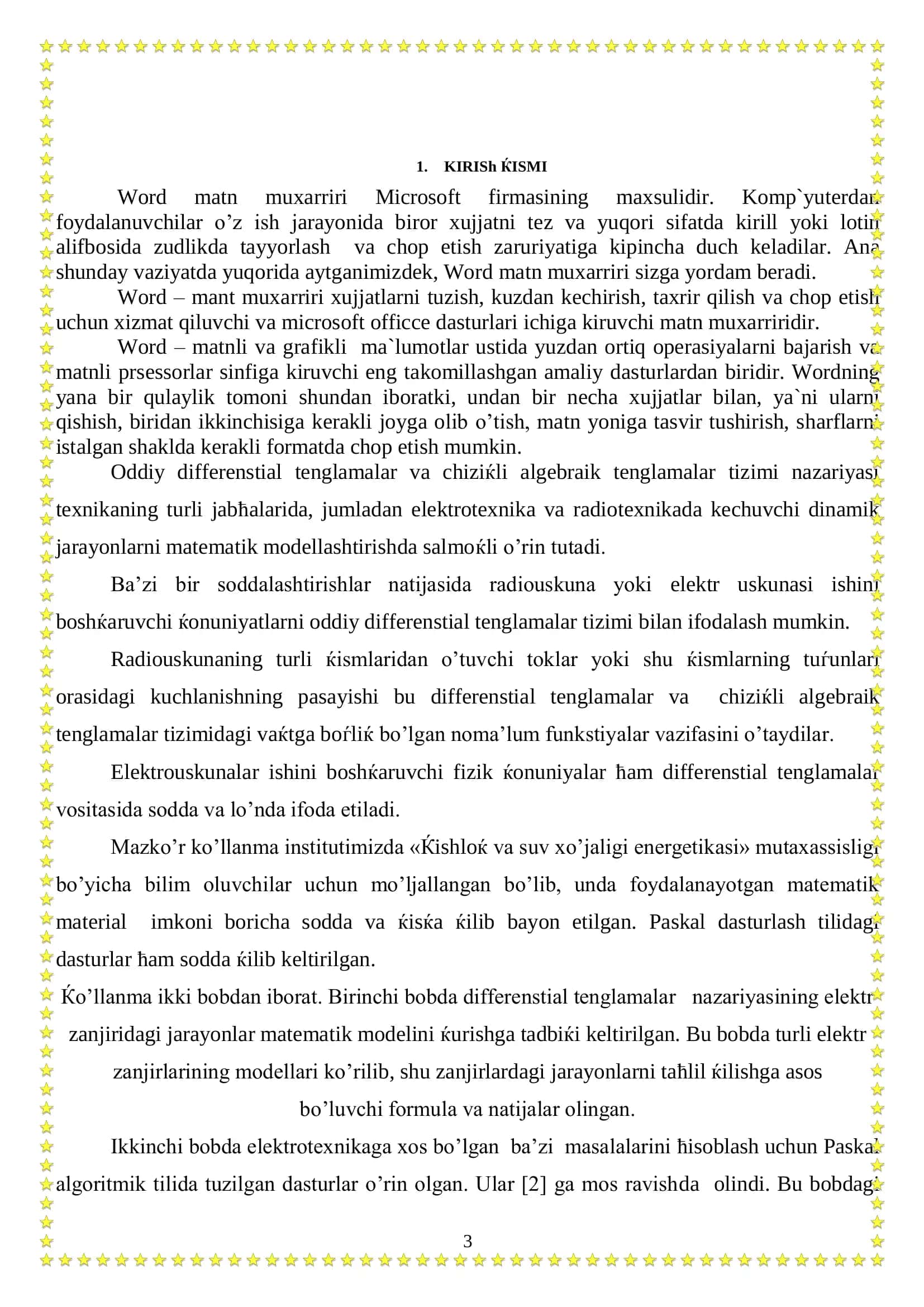 Kurs ishi "WORD matn muharrida ob`yektla bilan ishlash. Suv xo`jaligi melioratsiyasining energetikasi misolida" 3