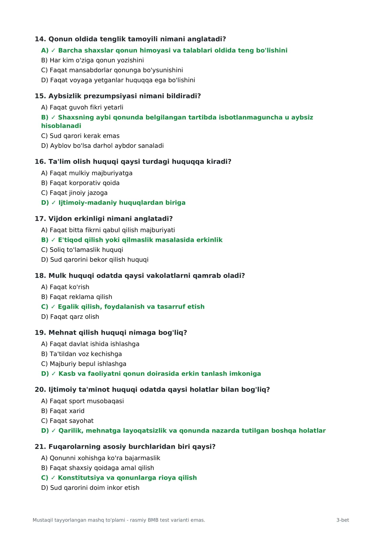 🔥 HUQUQ FANIDAN 60 TA TEST + TO‘G‘RI JAVOBLAR | IMTIHON VA SERTIFIKATGA TAYYORLOV | 2026 📚 3
