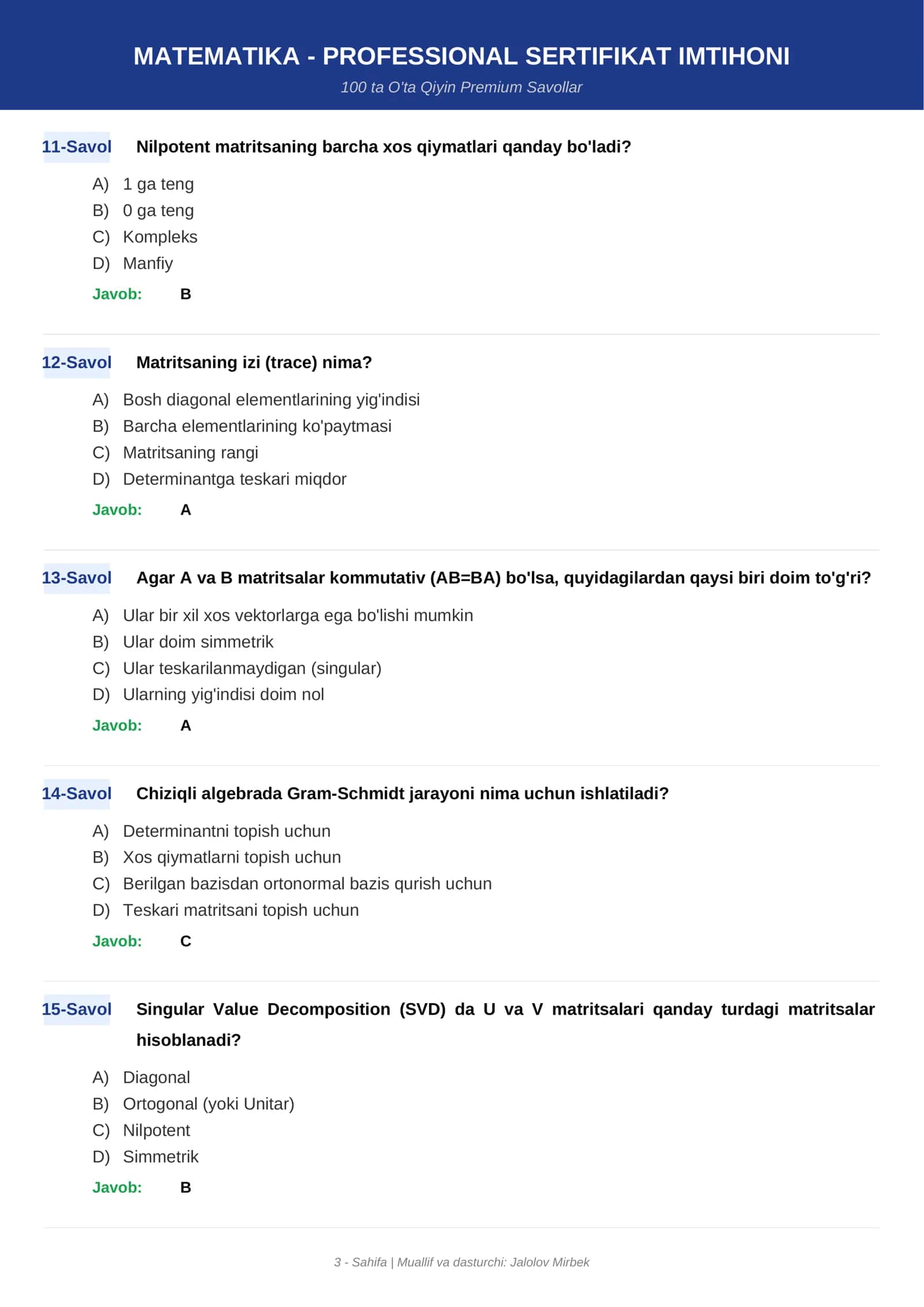 MATEMATIKA - PROFESSIONAL SERTIFIKAT IMTIHONI 3