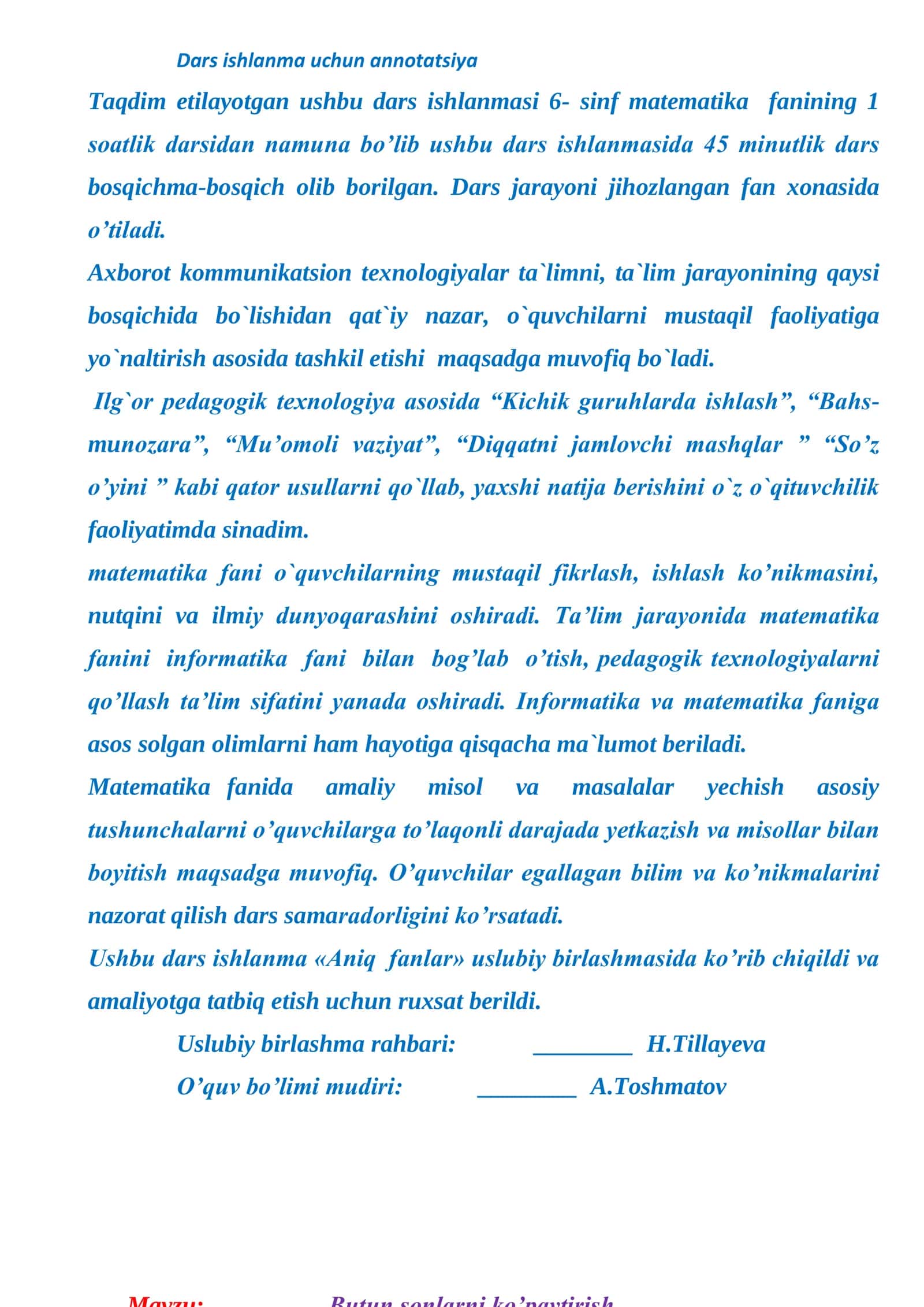 6-sinf Matematika fanidan Butun sonlarni ko'paytirish mavzusida ochiq dars ishlanma 3