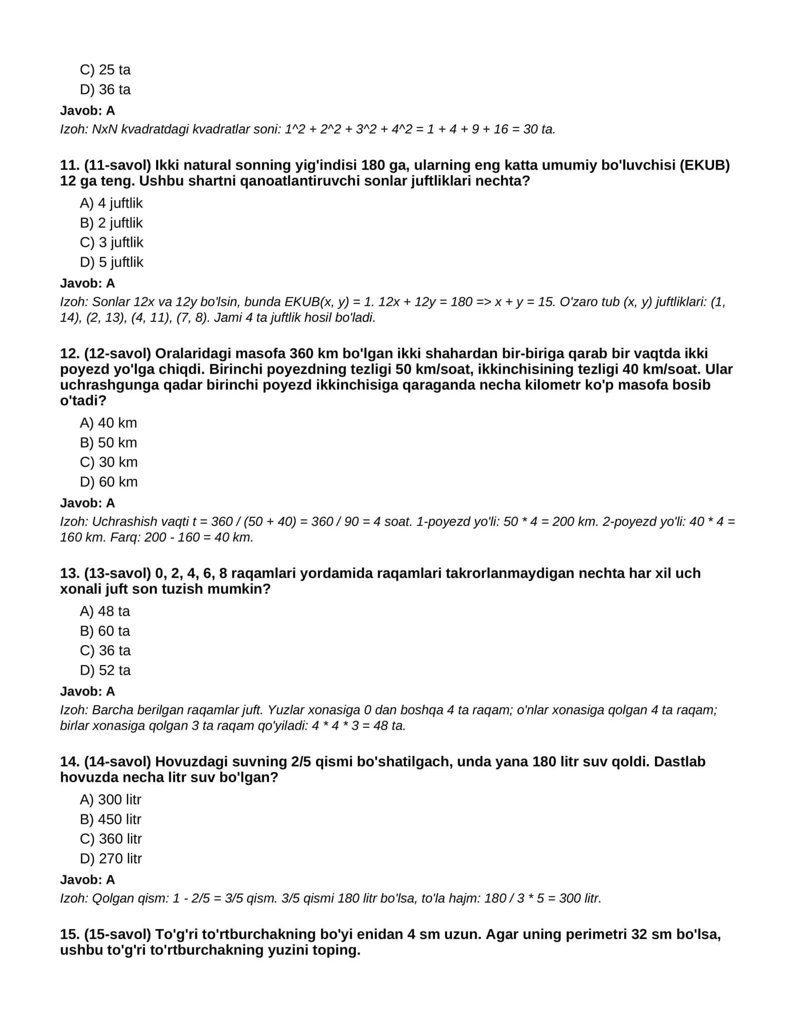 MATEMATIKA (BOSHLANG'ICH TA'LIM BO'YICHA CHUQURLASHTIRILGAN) - 1-QISM (100 TA TEST) 3