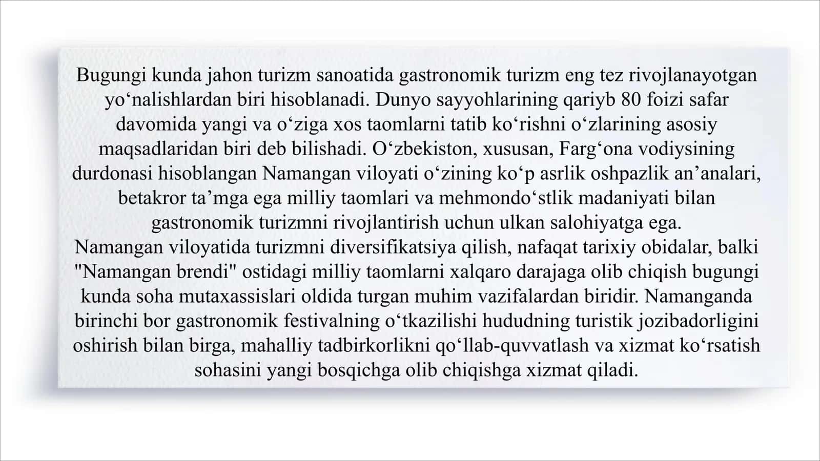 Namanganda 1-gastronomik turizm festivalini o‘tkazish uchun ssenariy va loyiha hamda undan kutilayotgan natijalar 3