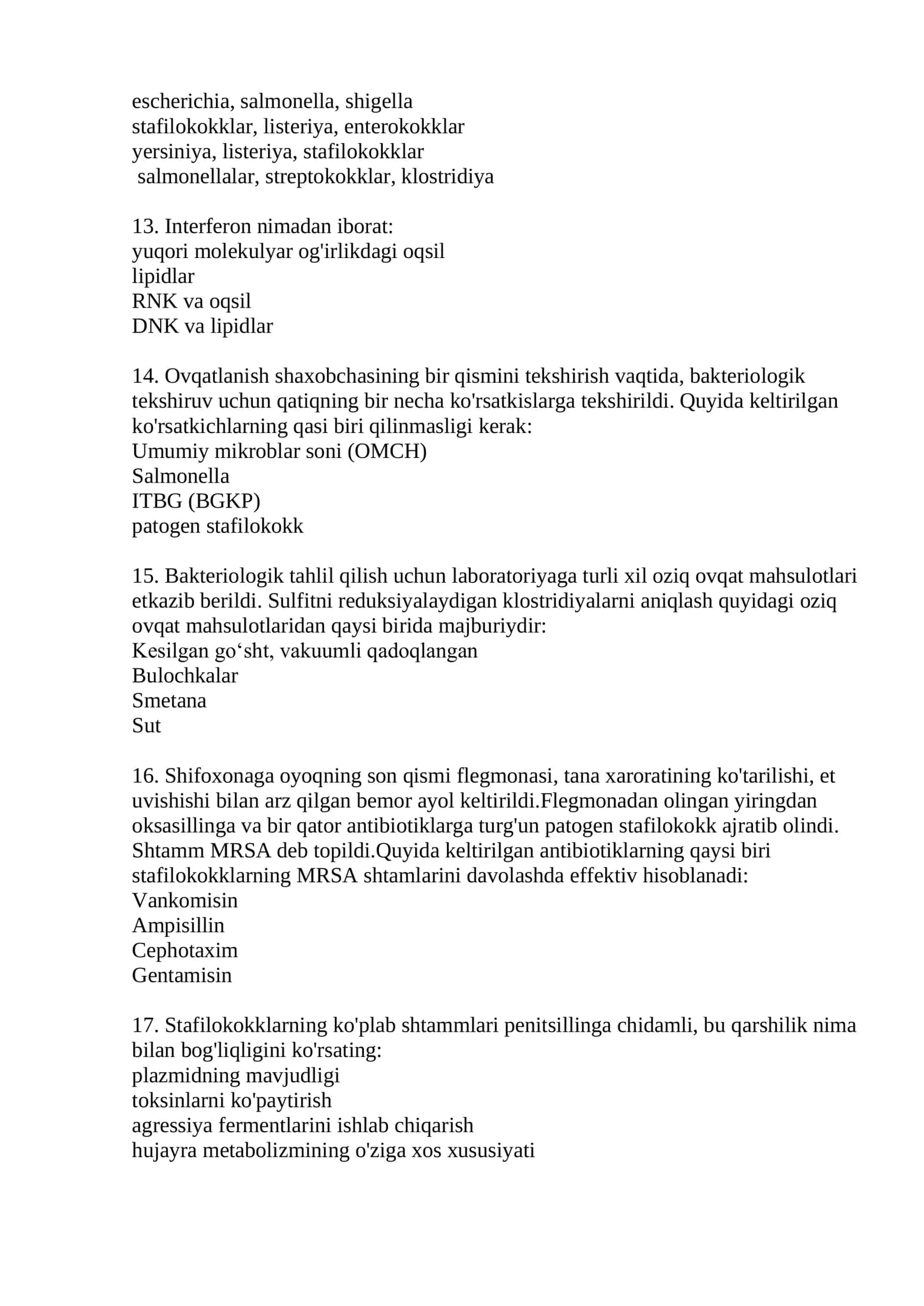 Bakteriologiya mutaxassisligi bo‘yicha shakllantirilgan test savollari ro‘yxati 2026 3
