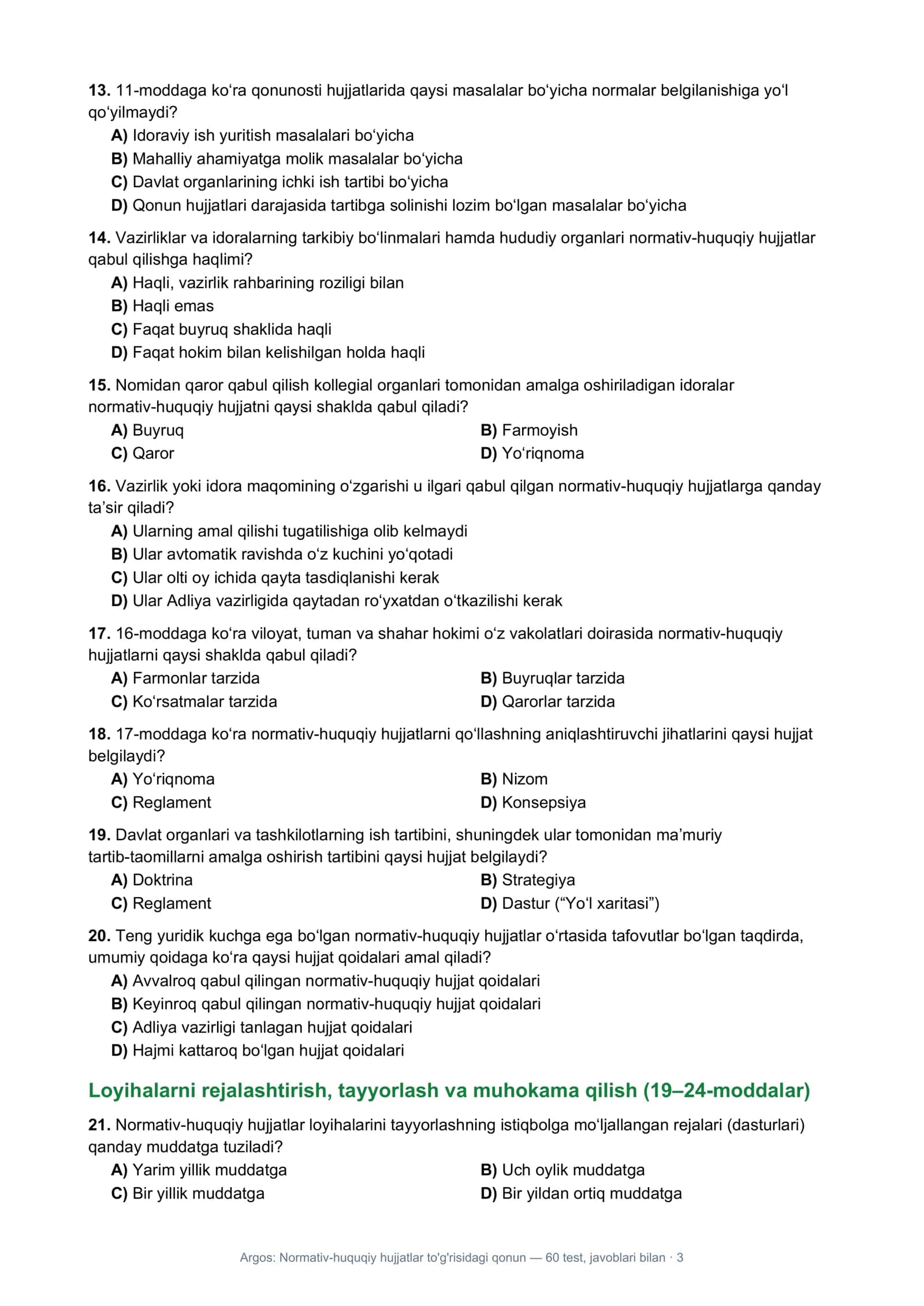 Argos: Normativ-huquqiy hujjatlar to'g'risidagi qonun — 60 test, javoblari bilan 3