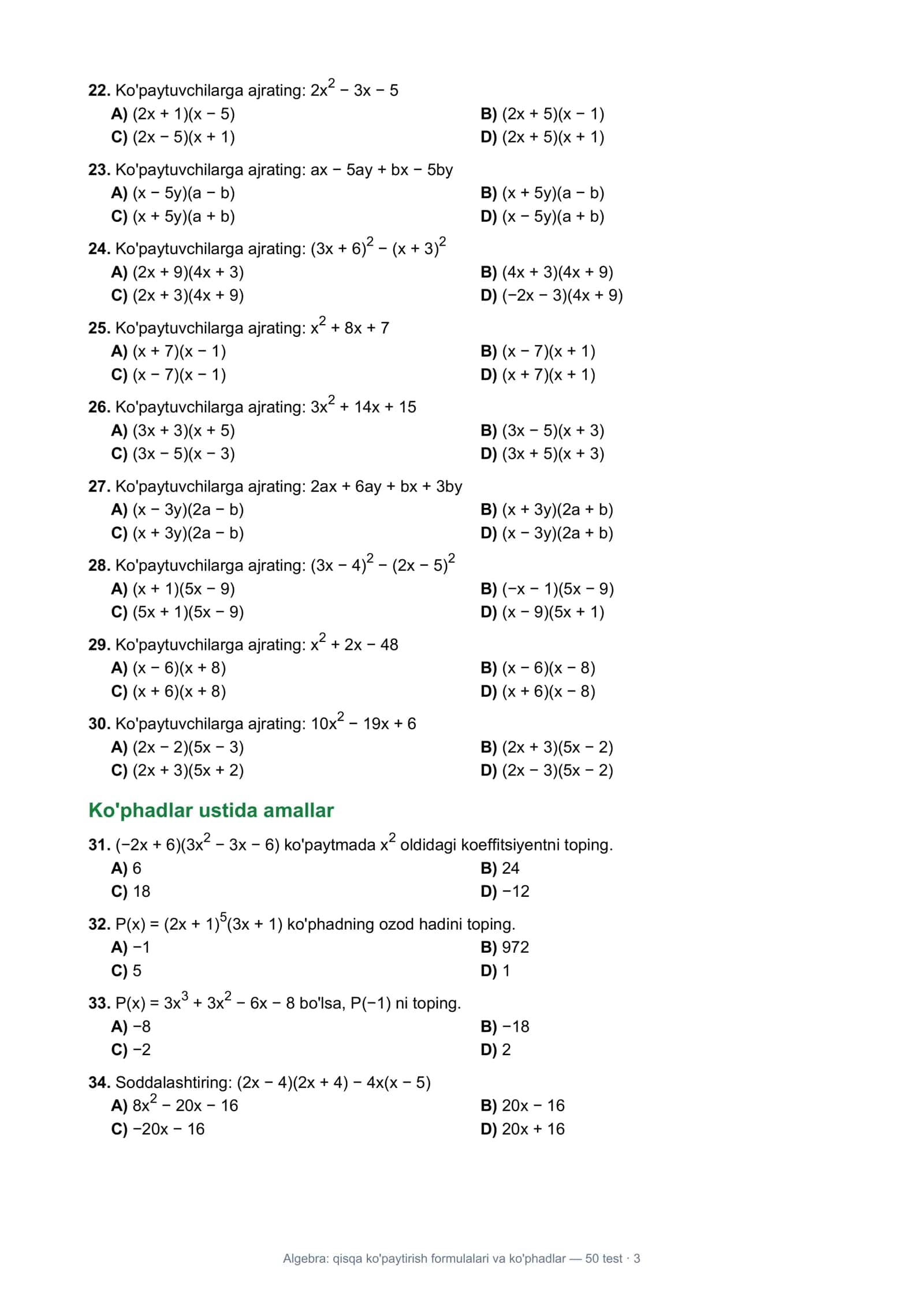 Algebra: Qisqa ko'paytirish formulalari va ko'phadlar 3