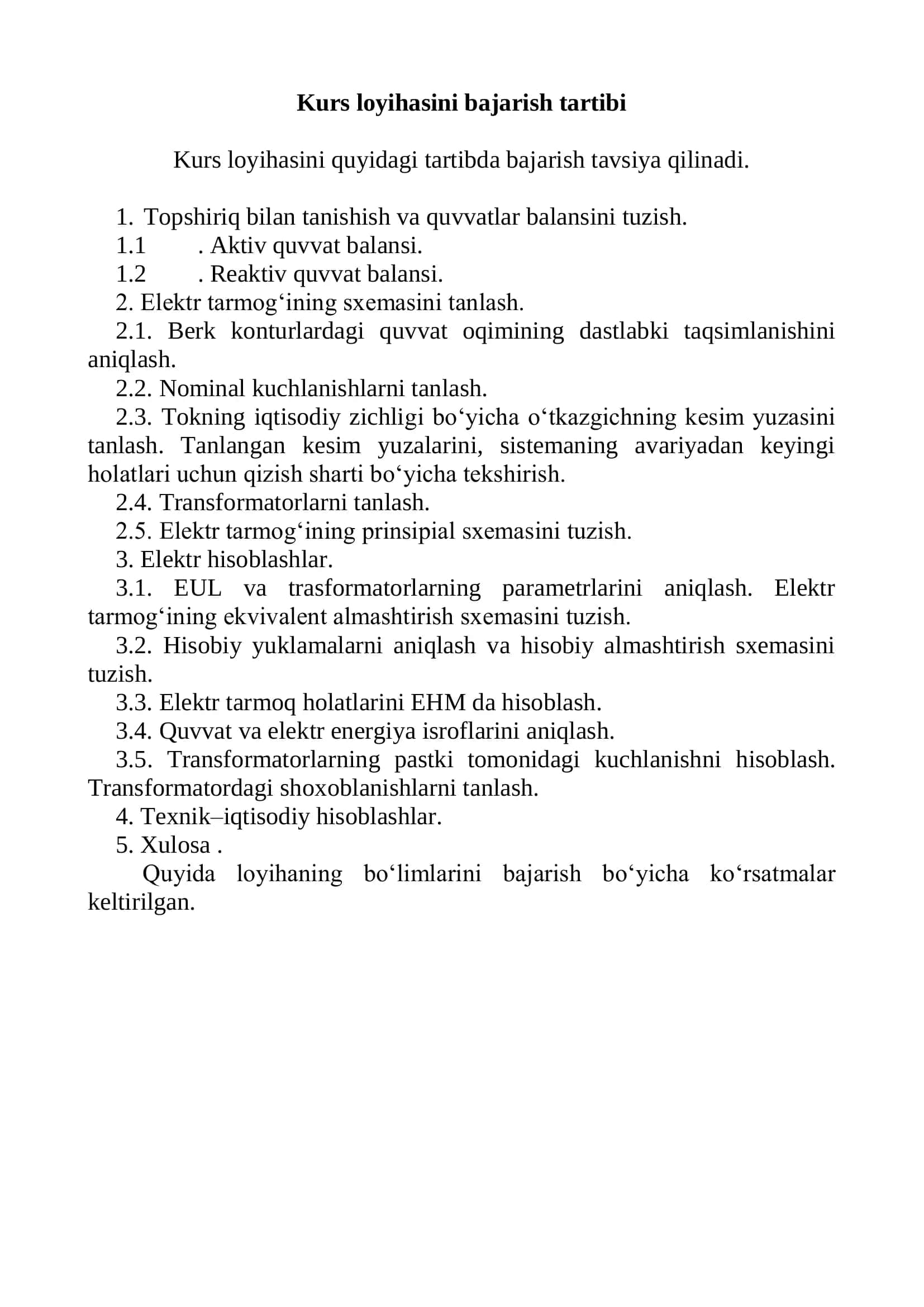 KURS LOYIHASI "ELEKTR TARMOQLARI VA TIZIMLARI" 3