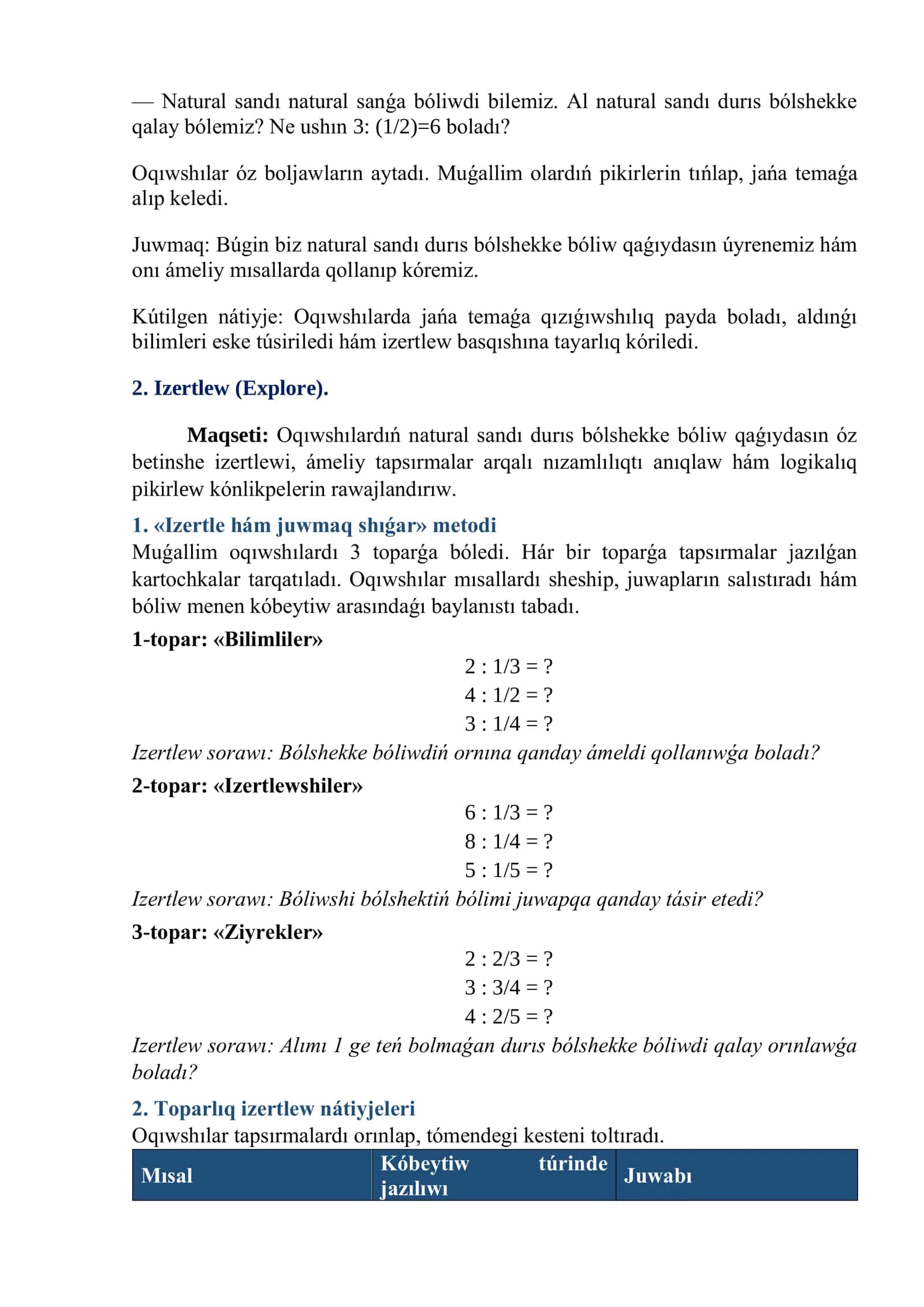 Matematika - Natural sandı durís bólshekke bóliw 3