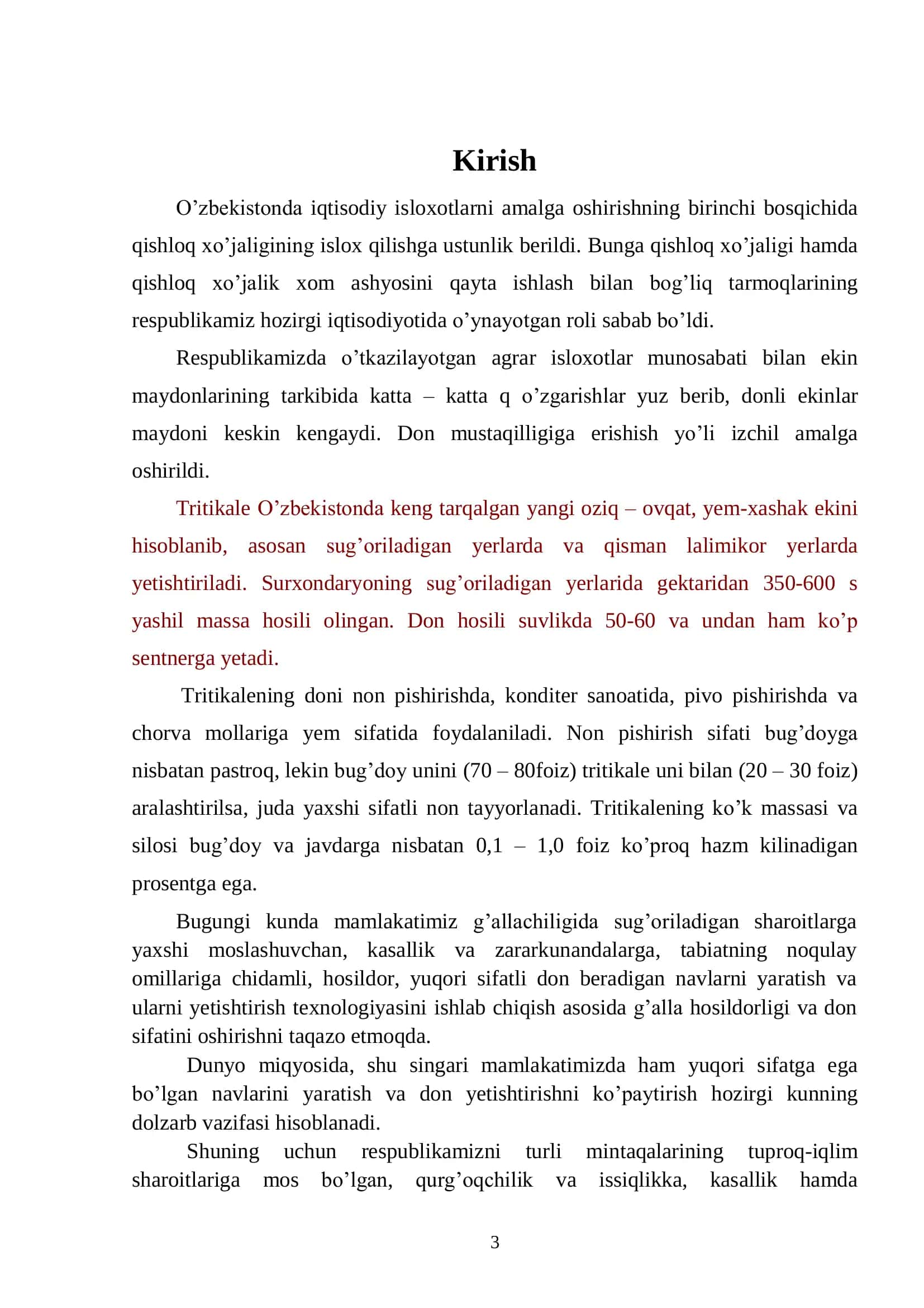 Tritikalyening xosildorligi yuqori va kasalliklarga chidamli nav namunalarini seleksiya uchun axamiyati 3