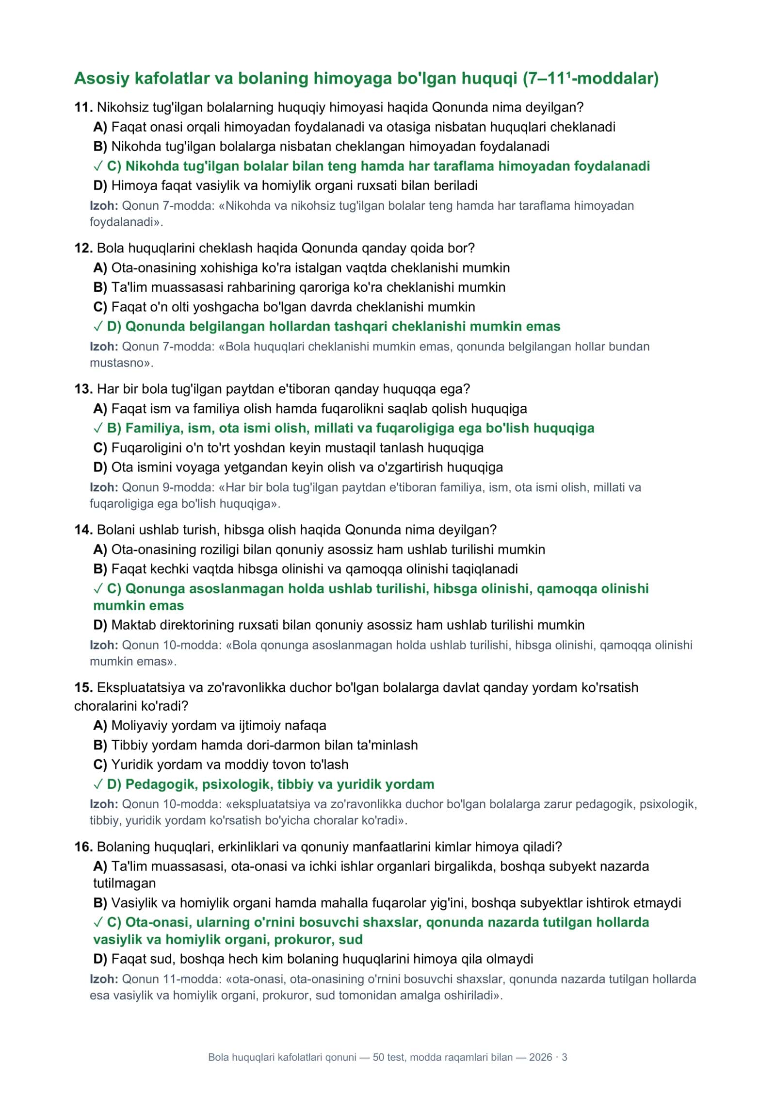 Bola huquqlari kafolatlari qonuni — 50 test, modda raqamlari bilan 3