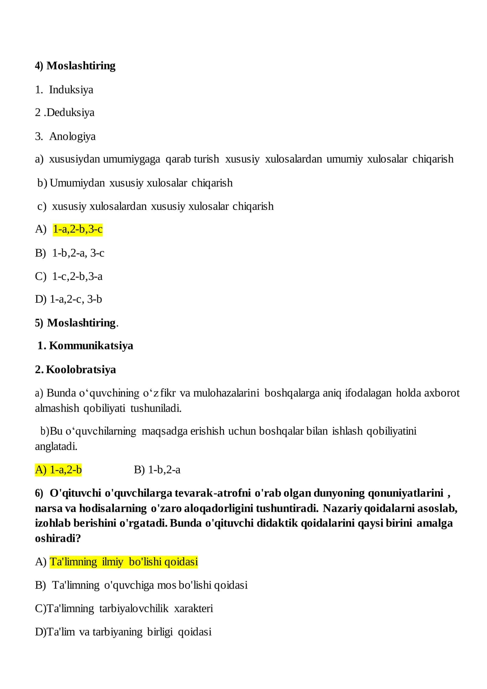 2025-YIL O‘QITUVCHILAR ATTESTATSIYASI: PEDAGOGIK MAHORAT TESTLARI JAVOBLARI BILAN 3
