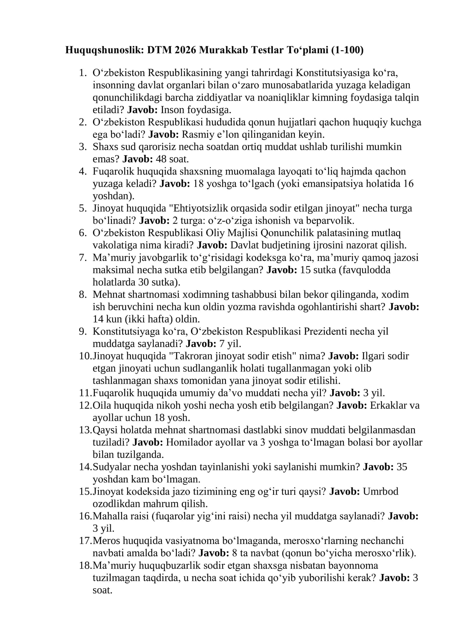 Huquqshunoslik: DTM 2026 Ekspert To‘plami (500 ta murakkab savol-javob) 3
