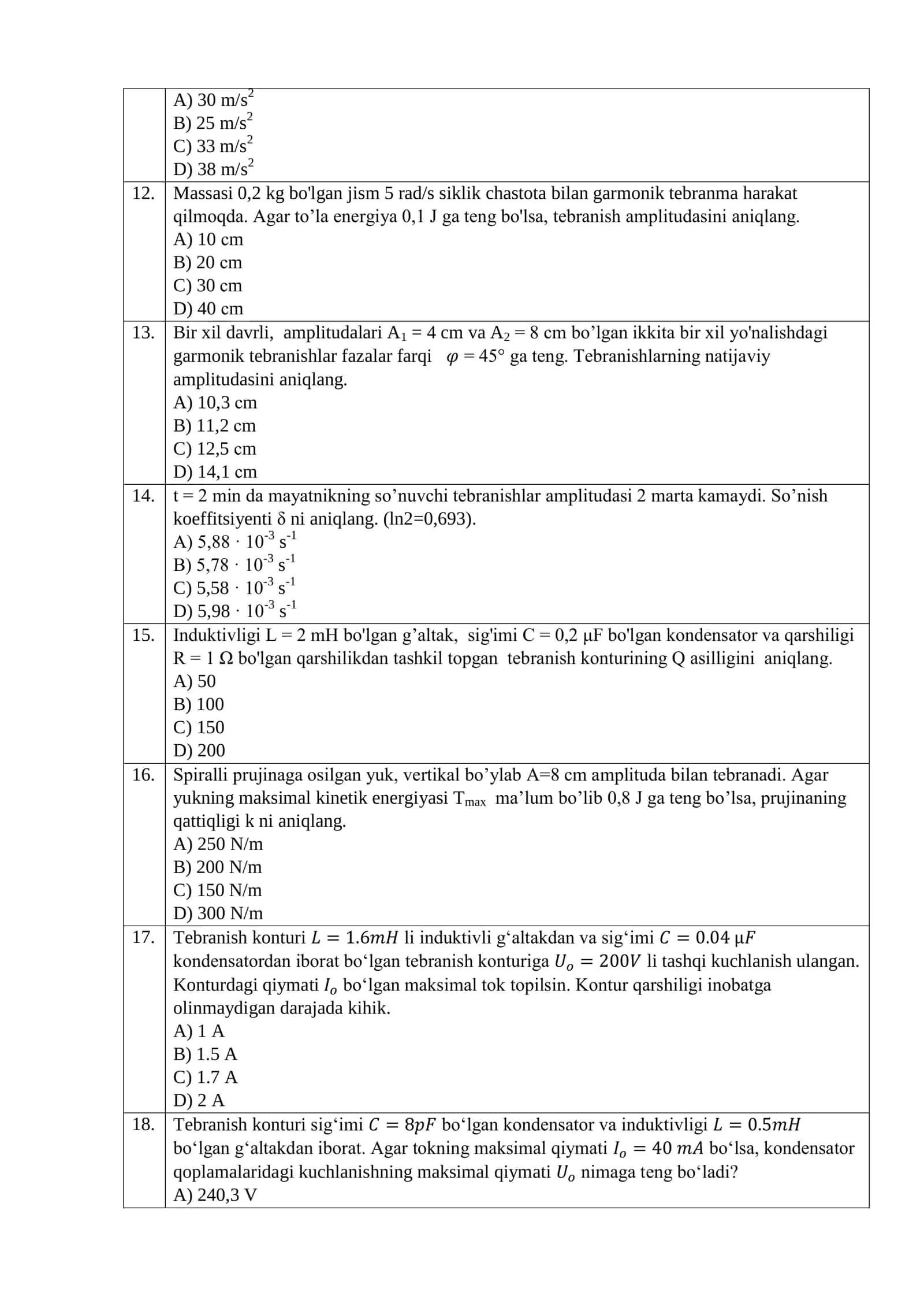 Garmonik tebranishlar differensial tenglamasining yechimi… qonuniyati ko‘rinishida bo’ladi 3