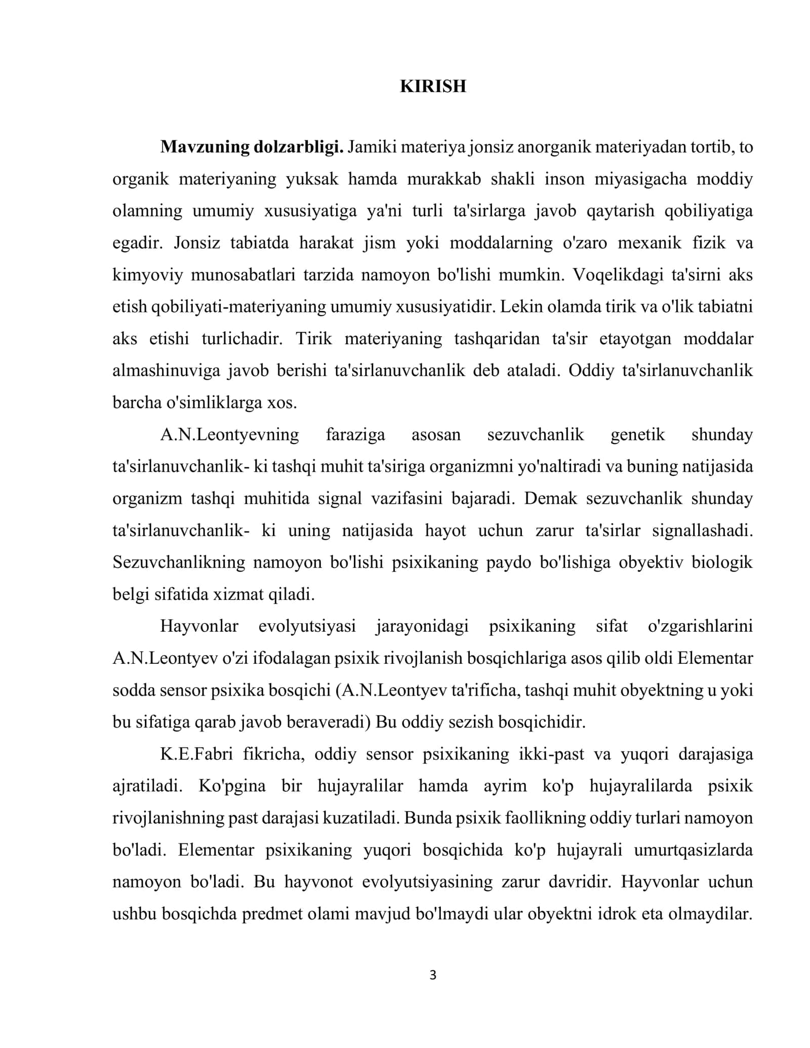 Hayvonlar psixikasi rivojlanishining asosiy bosqichlari va ularning xususiyatlarini aniqlashga yondashuv (Leontyev) 3