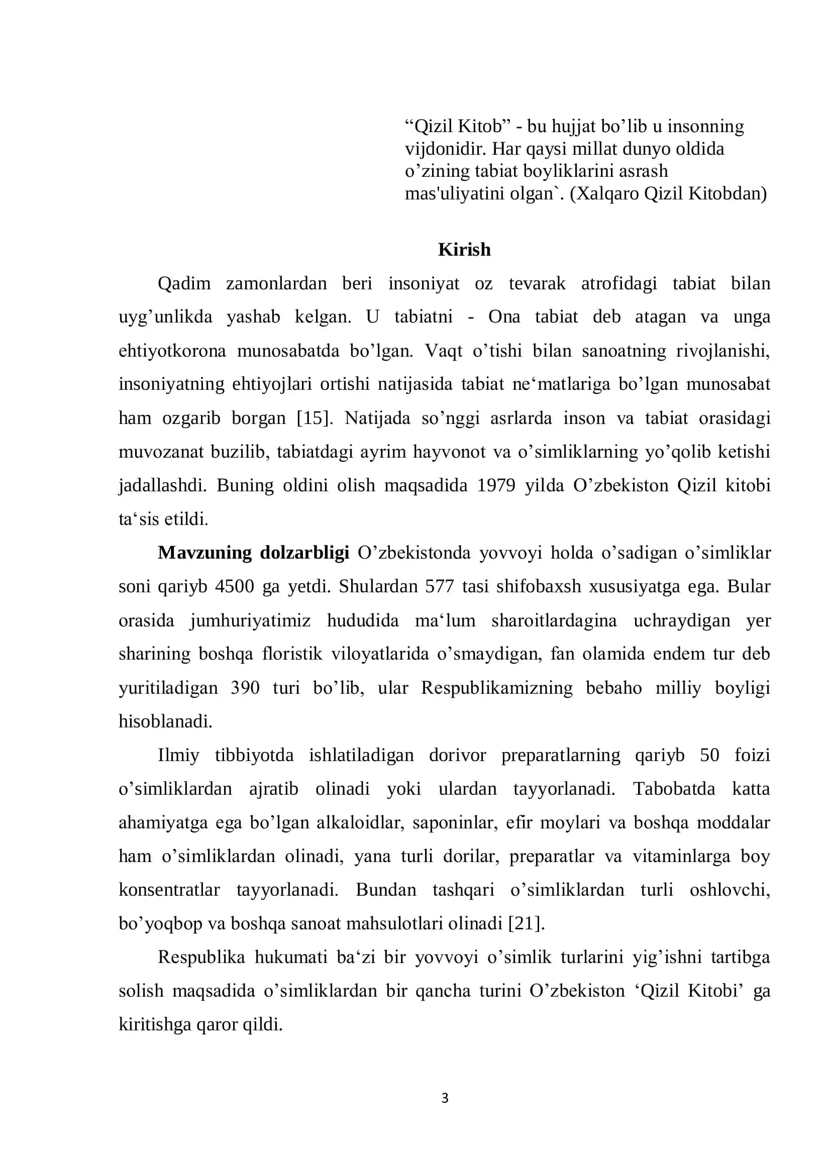 O'zbekiston Respublikasi Qizil Kitobiga Kiritilgan O' simliklarning Ko'rsatkichlarini Qiyosiy O'rganish (Farg'ona Vodiysi Misolida) Bitiruv Malakaviy Ish 3