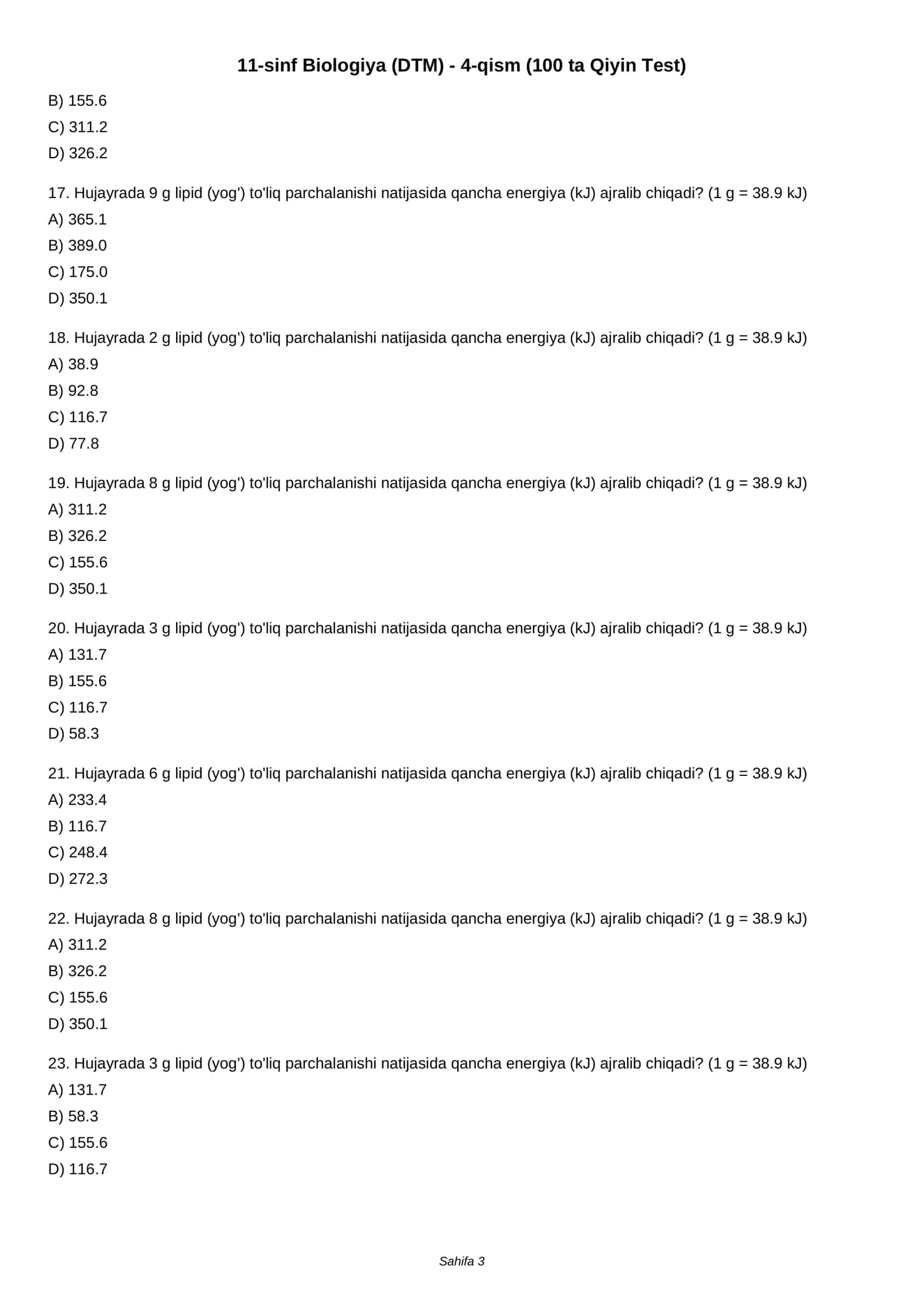 11-sinf Biologiya (DTM) - 4-qism (100 ta Qiyin Test) 3