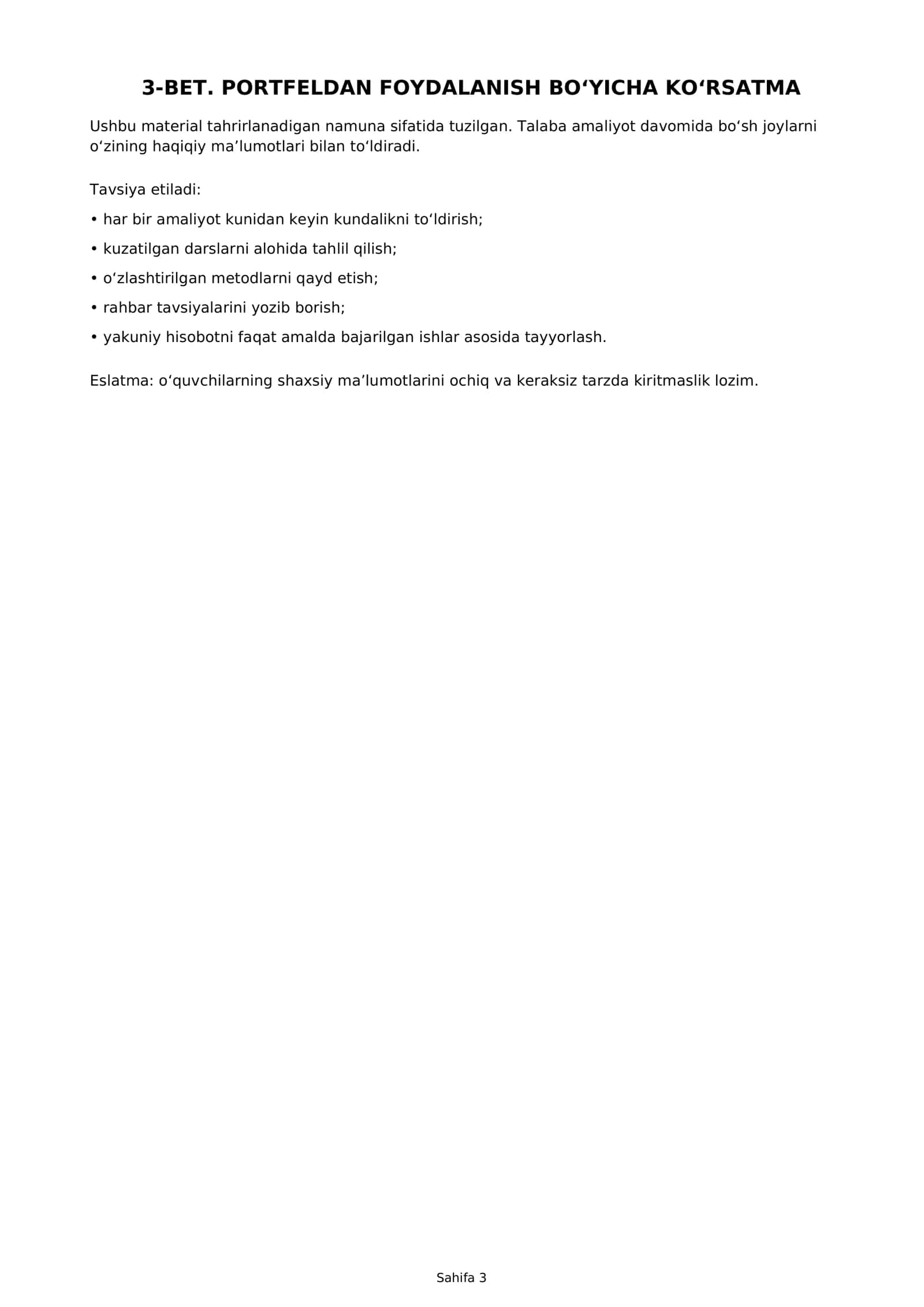 Pedagogik amaliyot portfeli — 60 betlik to‘liq Word va PDF 3
