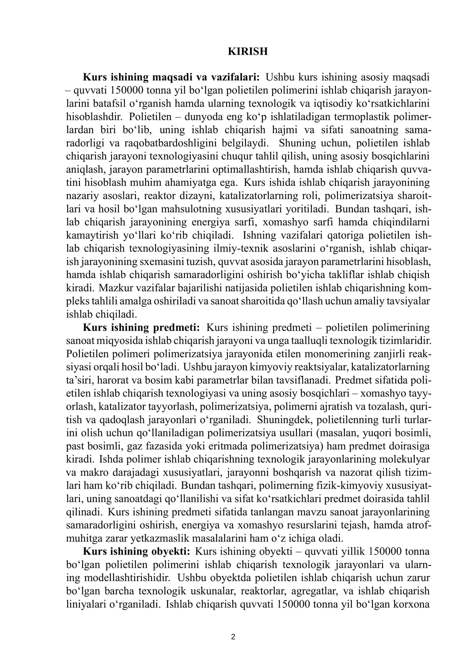 Quvvati 150000 tonna yil bo'lgan poliyetilen polemirini ishlab chiqarish jarayonlarini o'rganish va hisoblash 3
