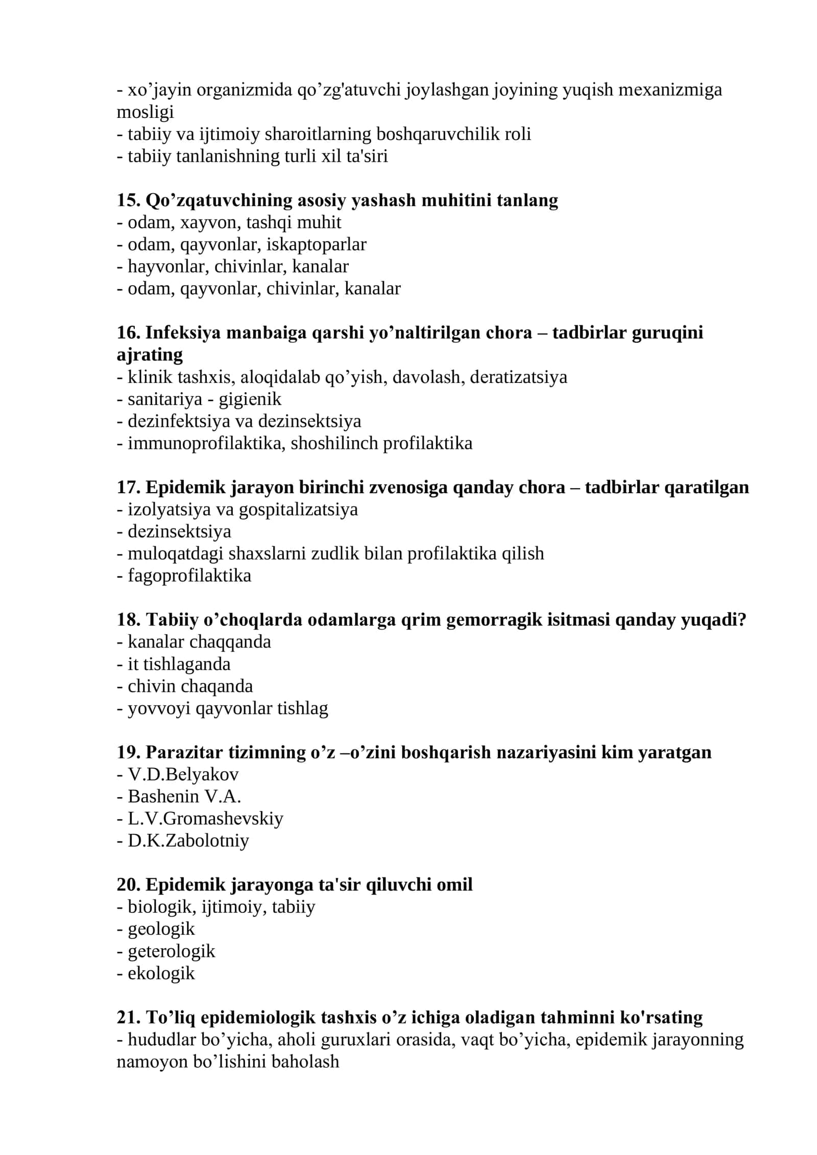 Tibbiy-profilaktika ishi (Epidemiolog vrach yordamchilari uchun) mutaxassisligi bo'yicha shakllantirilgan test savollari ro'yxati 3