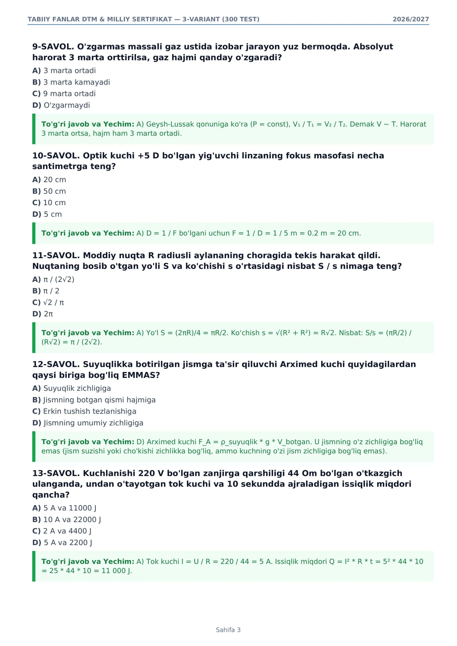 TABIIY FANLAR BLOQI — 3-VARIANT (300 MUKAMMAL TEST) 3