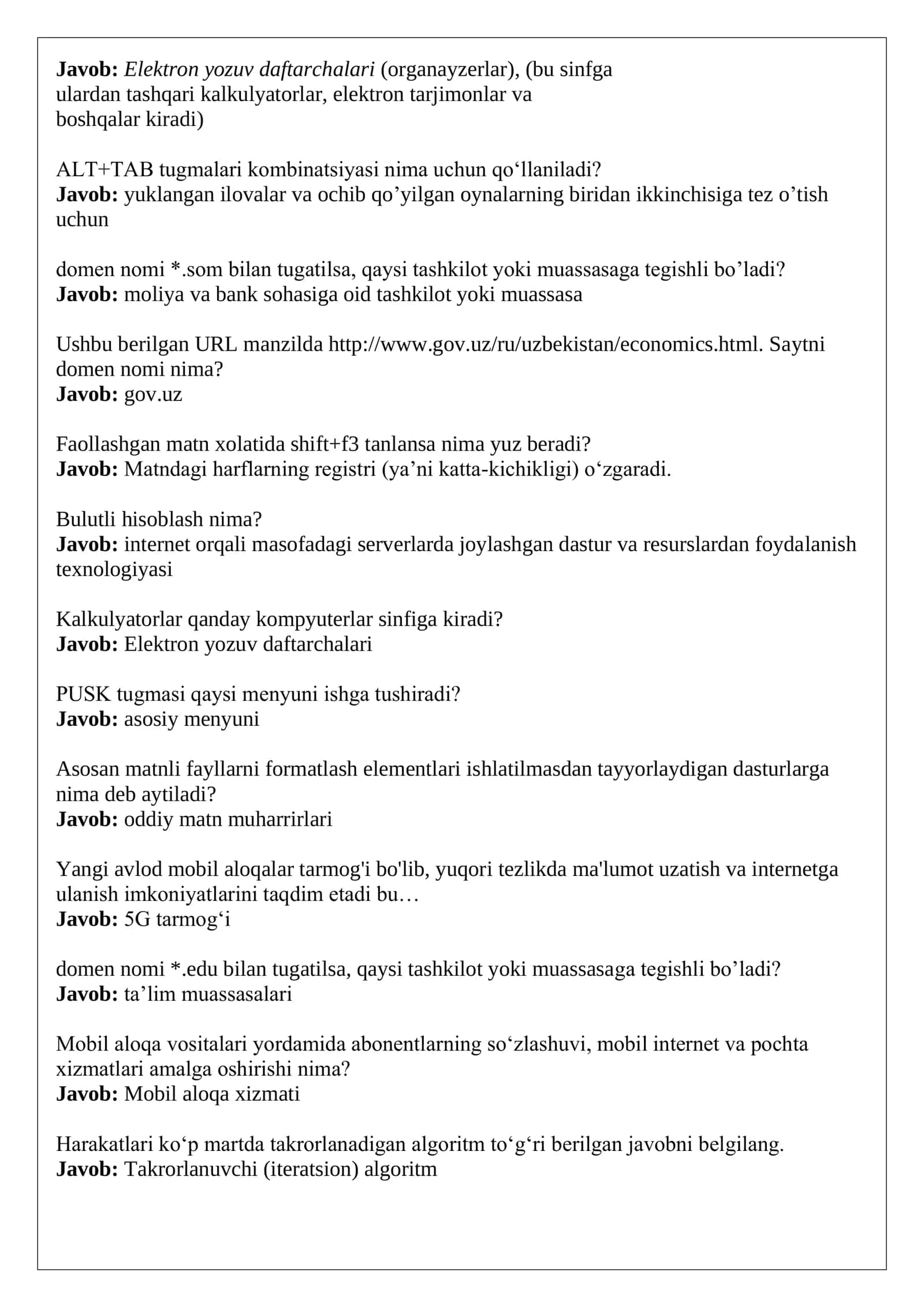 Argos test javoblar 2026 Axborot-kommunikatsiya texnologiyalari. 3