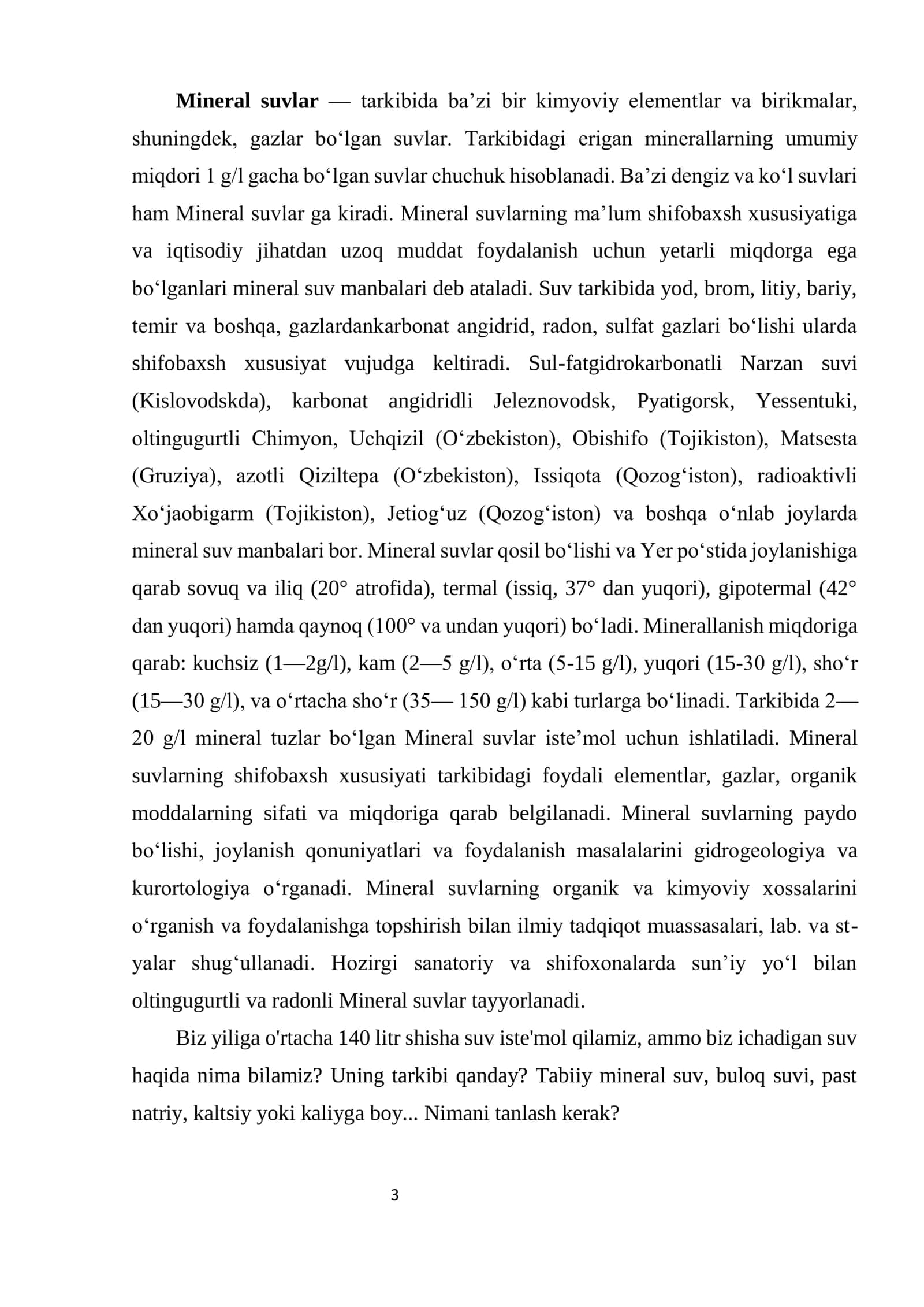 TERMAL, MINERAL SUVLAR HAQIDA TUSHUNCHALAR. ULARNI O’ZBEKISTON RESPUBLIKASI DOIRASIDA TARQALISHI 3