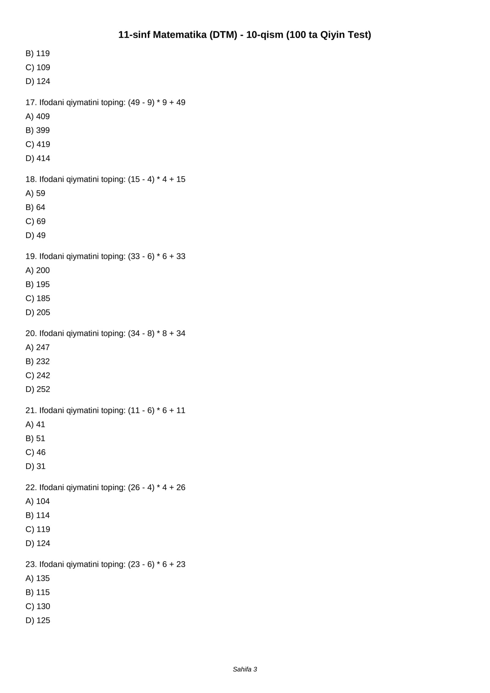 11-sinf Matematika (DTM) - 10-qism (100 ta Qiyin Test) 3