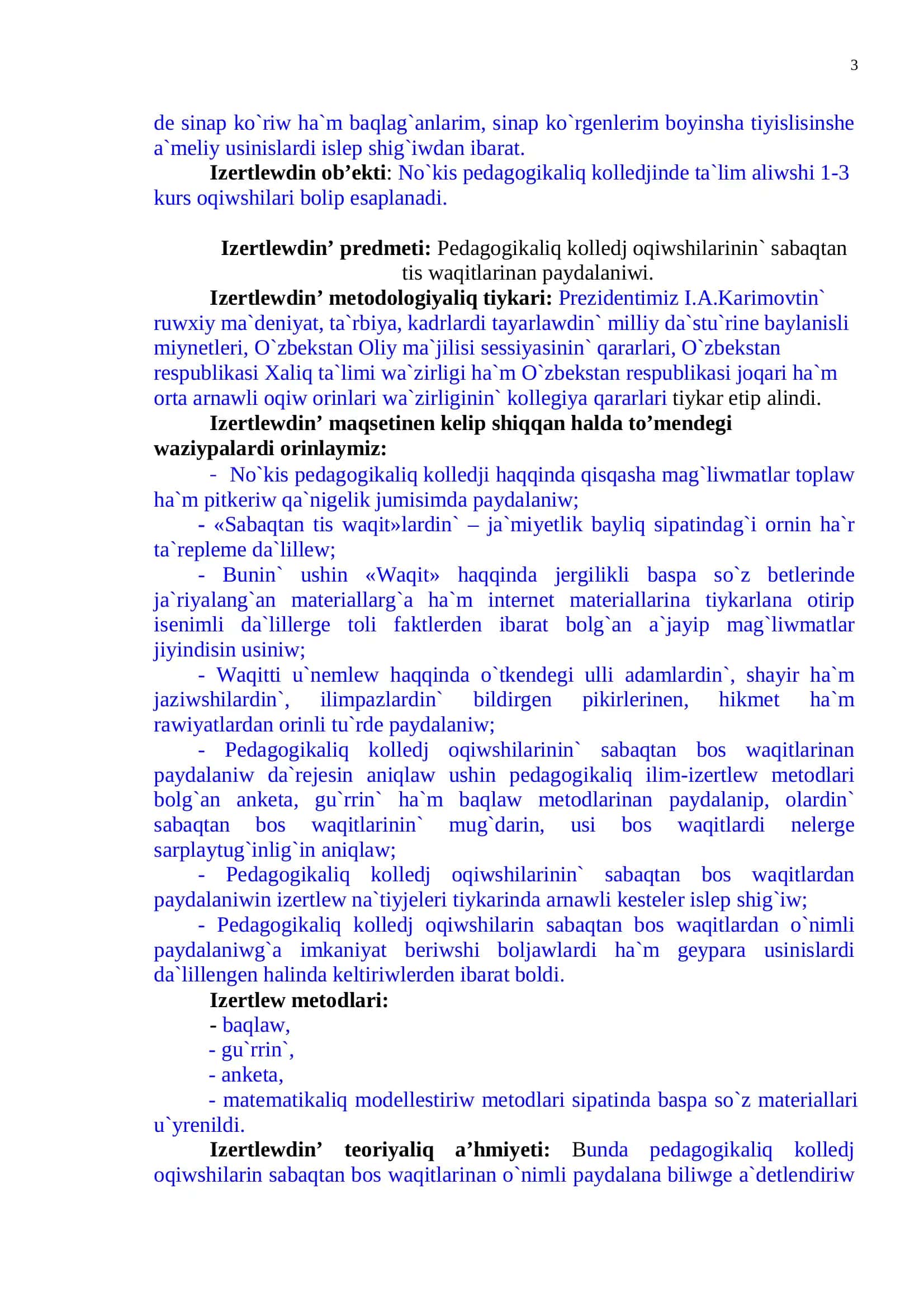 Pedagogikaliq kolledj oqiwshilarinin` sabaqtan tis waqitlarinan paydalaniwi 3