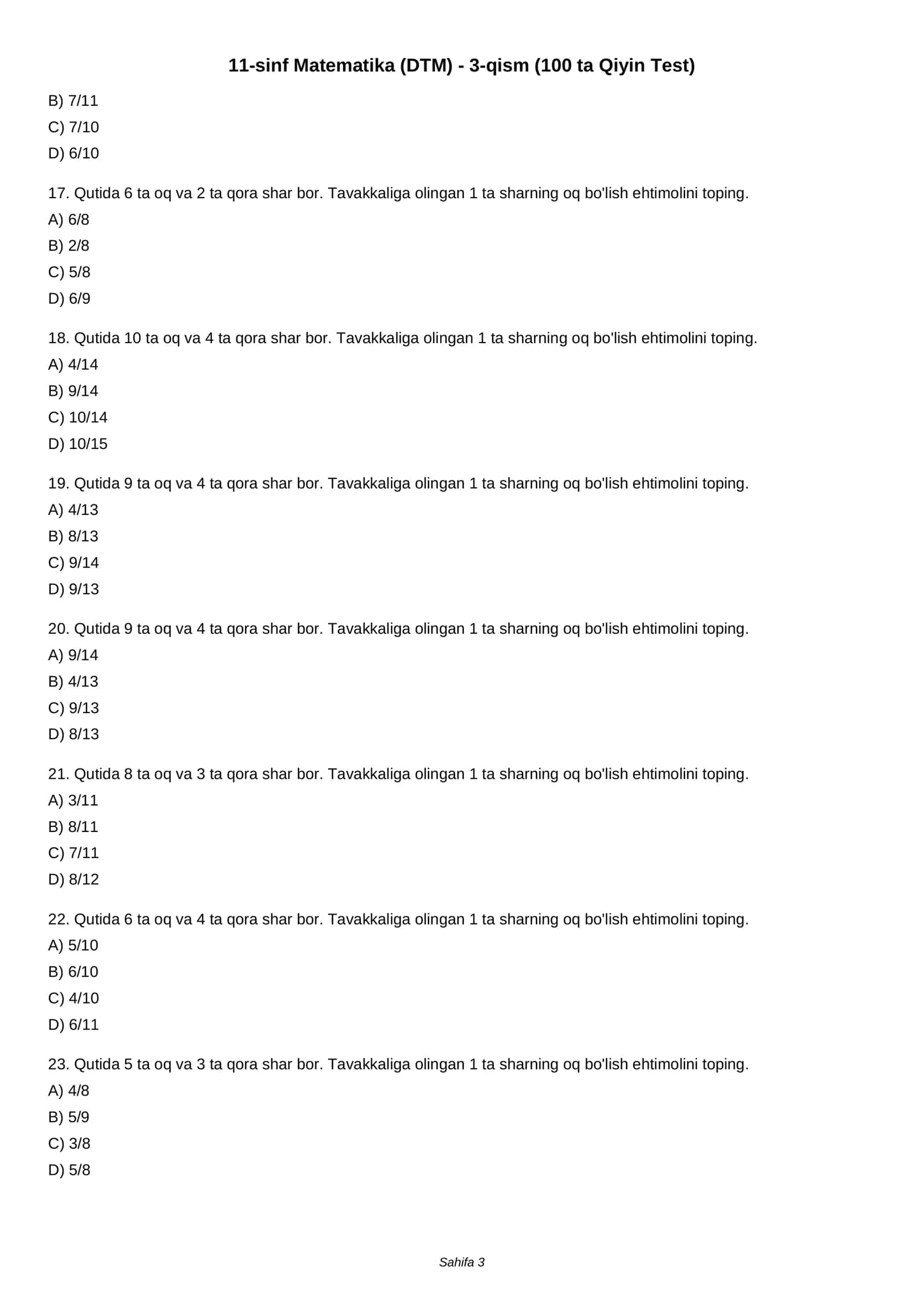 11-sinf Matematika (DTM) - 3-qism (100 ta Qiyin Test) 3