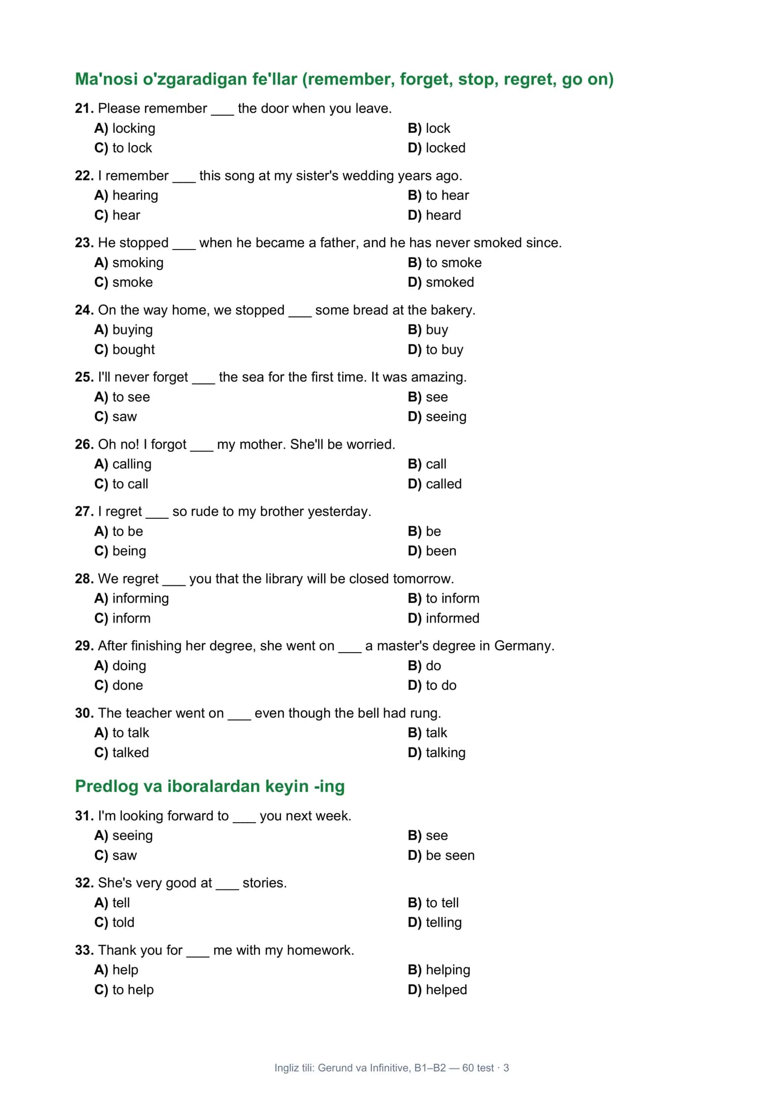 Ingliz tili: Gerund va Infinitive, B1–B2 3