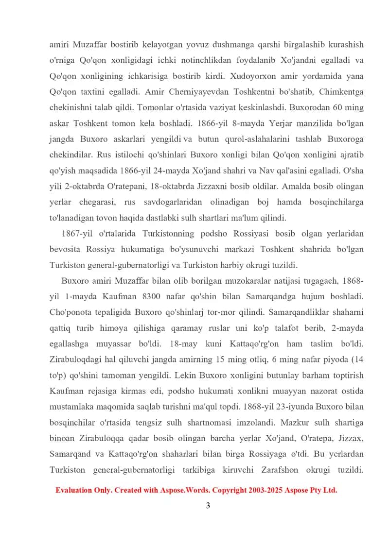 ROSSIYA IMPERIYASI TOMONIDAN BUXORO AMIRLIGINING MAG'LUBIYATGA UCHRATILISHI ZIRABULOQ SHARTNOMASI" 3