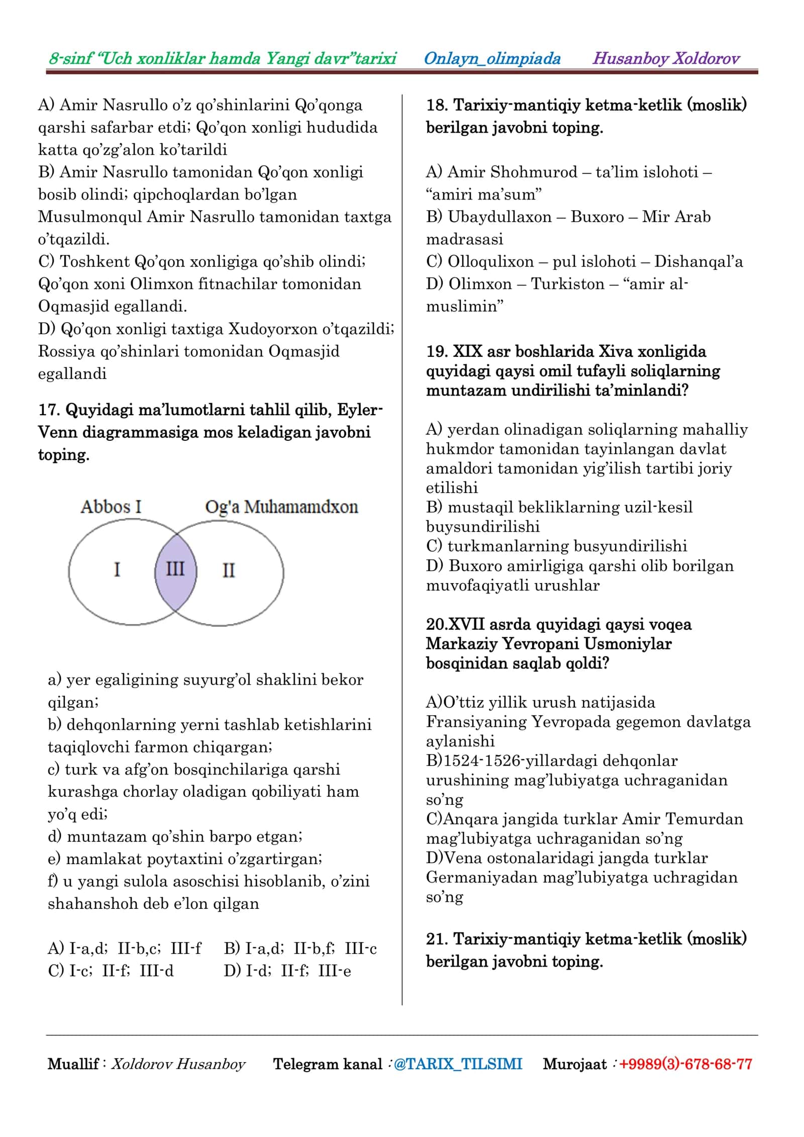 8-sinf “Uch xonliklar davri” hamda Yangi davr tarixi onlayn_olimpiada 3