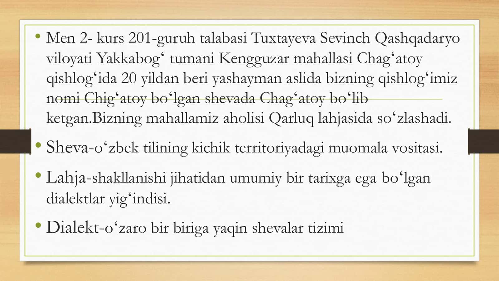 Qashqadaryo viloyati Yakkabogʻ tumani Kengguzar mahallasi Chagʻatoy qishlogʻi shevasi 3