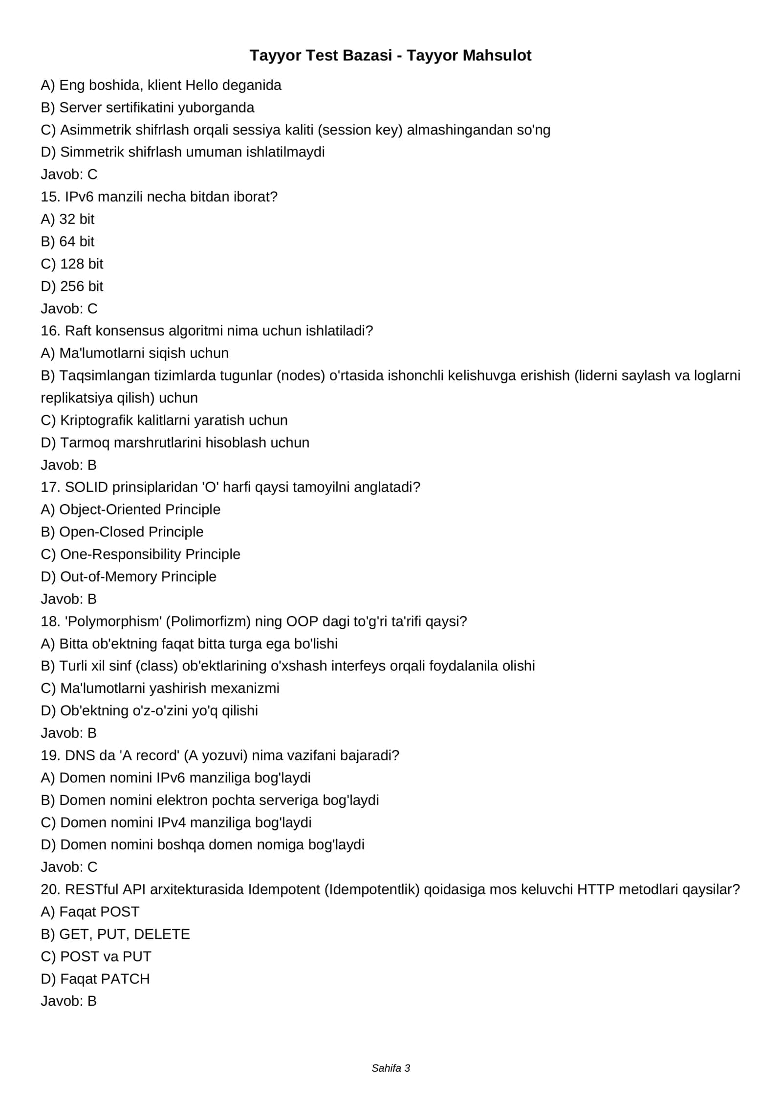 IT Yo'nalishida O'ta Qiyin Testlar Bazasi 3