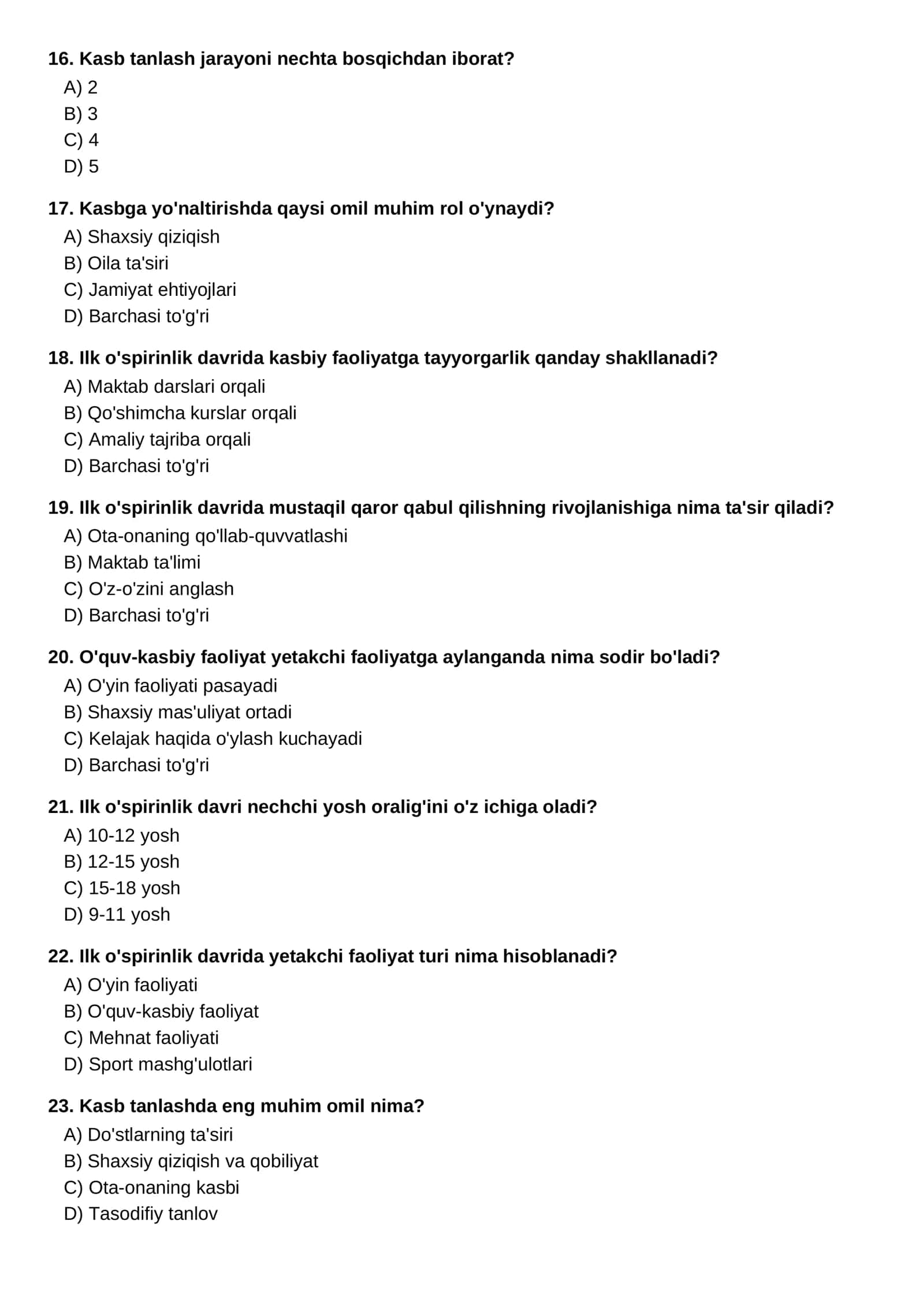 Ilk O'spirinlik Davrida O'quv-Kasbiy Faoliyat Test Savollari 3