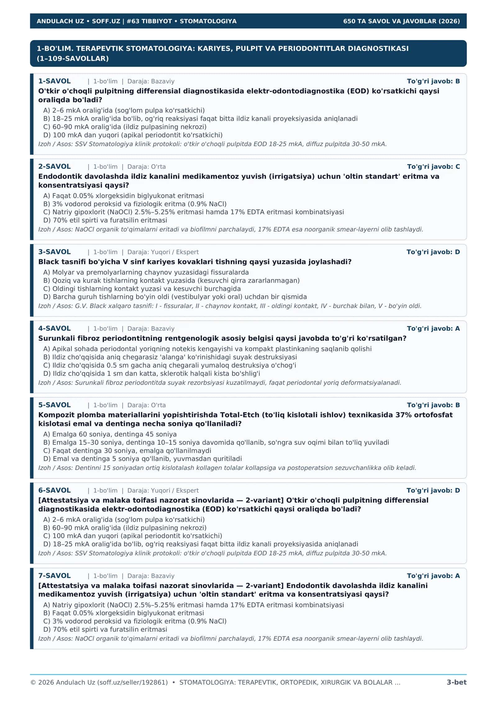 STOMATOLOGIYA: TERAPEVTIK, ORTOPEDIK, XIRURGIK VA BOLALAR 650 ta klinik test va situatsion masalalar (Javoblari bilan) 3