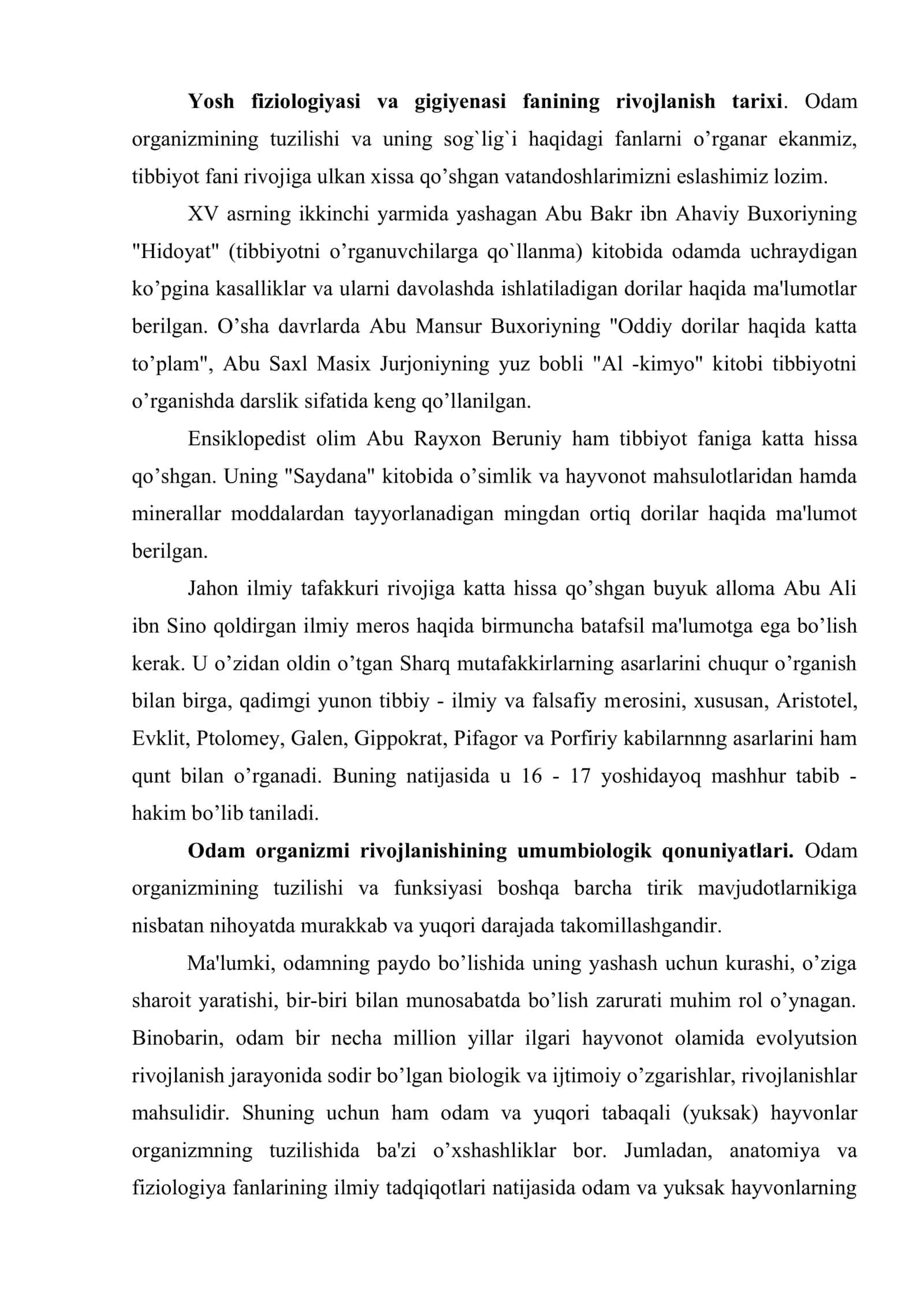Yоsh fiziologiyasi va gigiyenasi fanining ahamiyati,vazifalari, rivojlanish tarixi. Odam organizmi rivojlanishining umumbiologik qonuniyatlari 3
